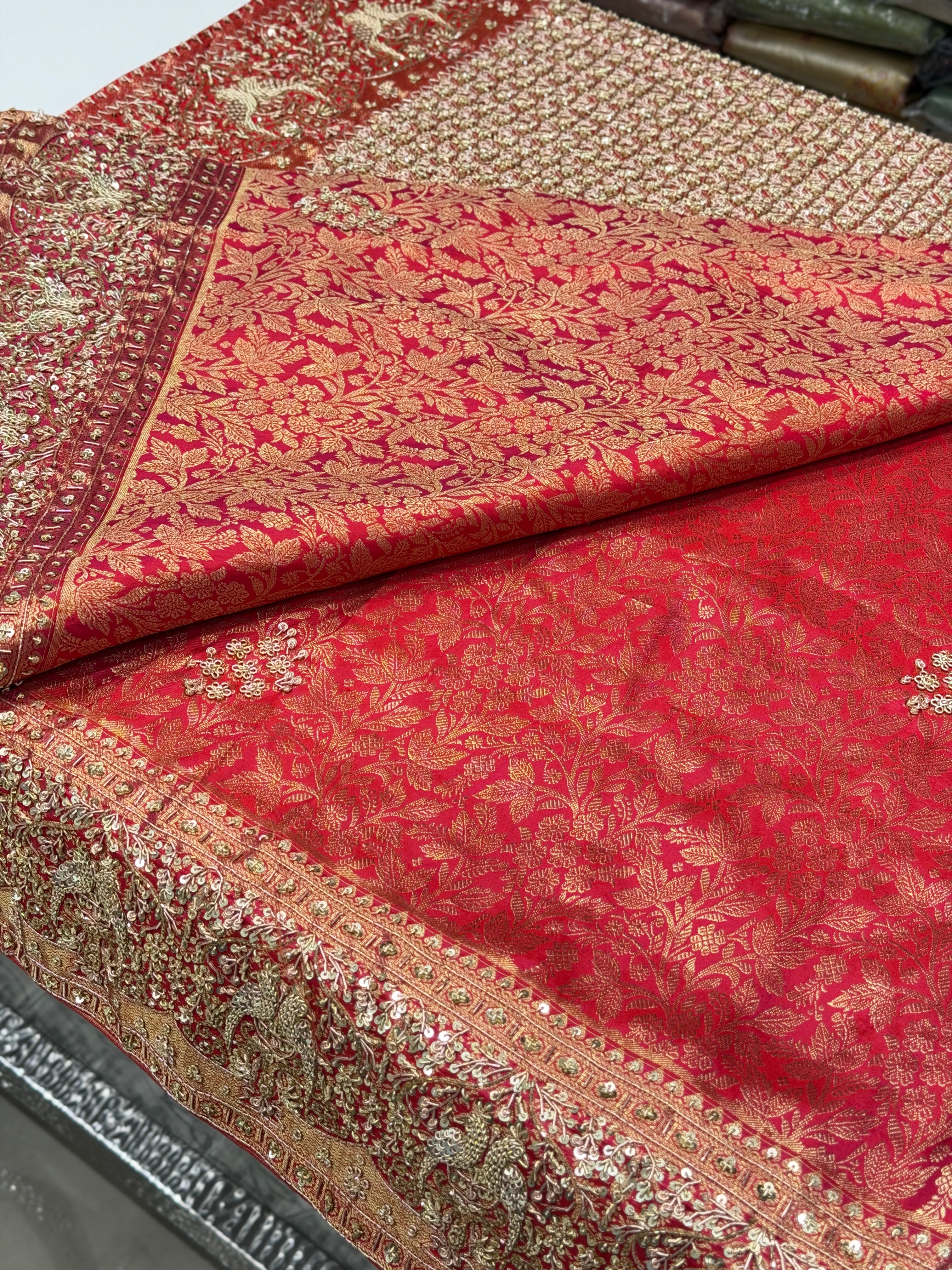 Crimson Kanjivaram Peacock Motifs Zardosi Hand Embroidery Jaal Saree