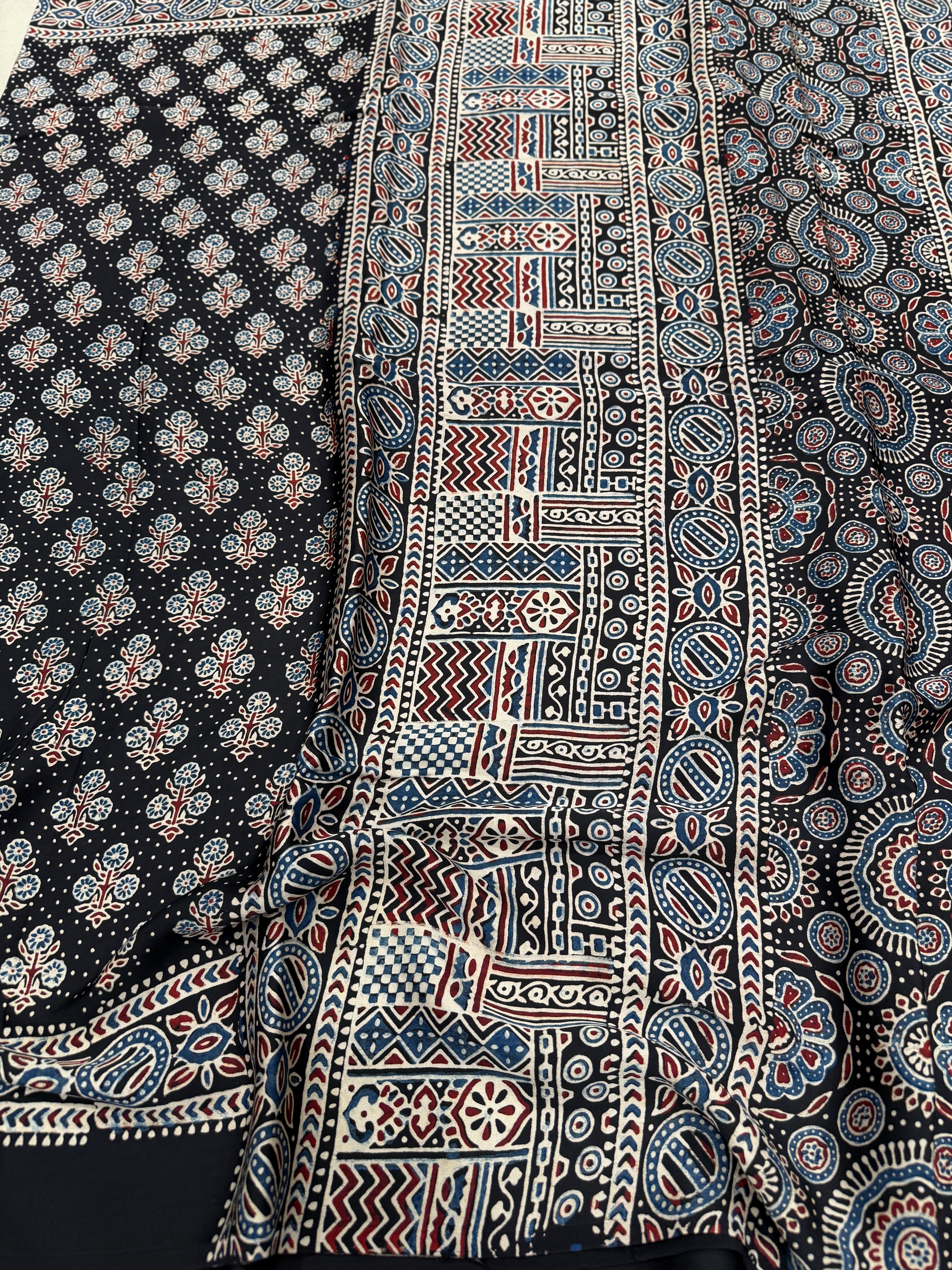 Black Buttis Ajrakh Hand Block Print Pure Modal Silk Saree