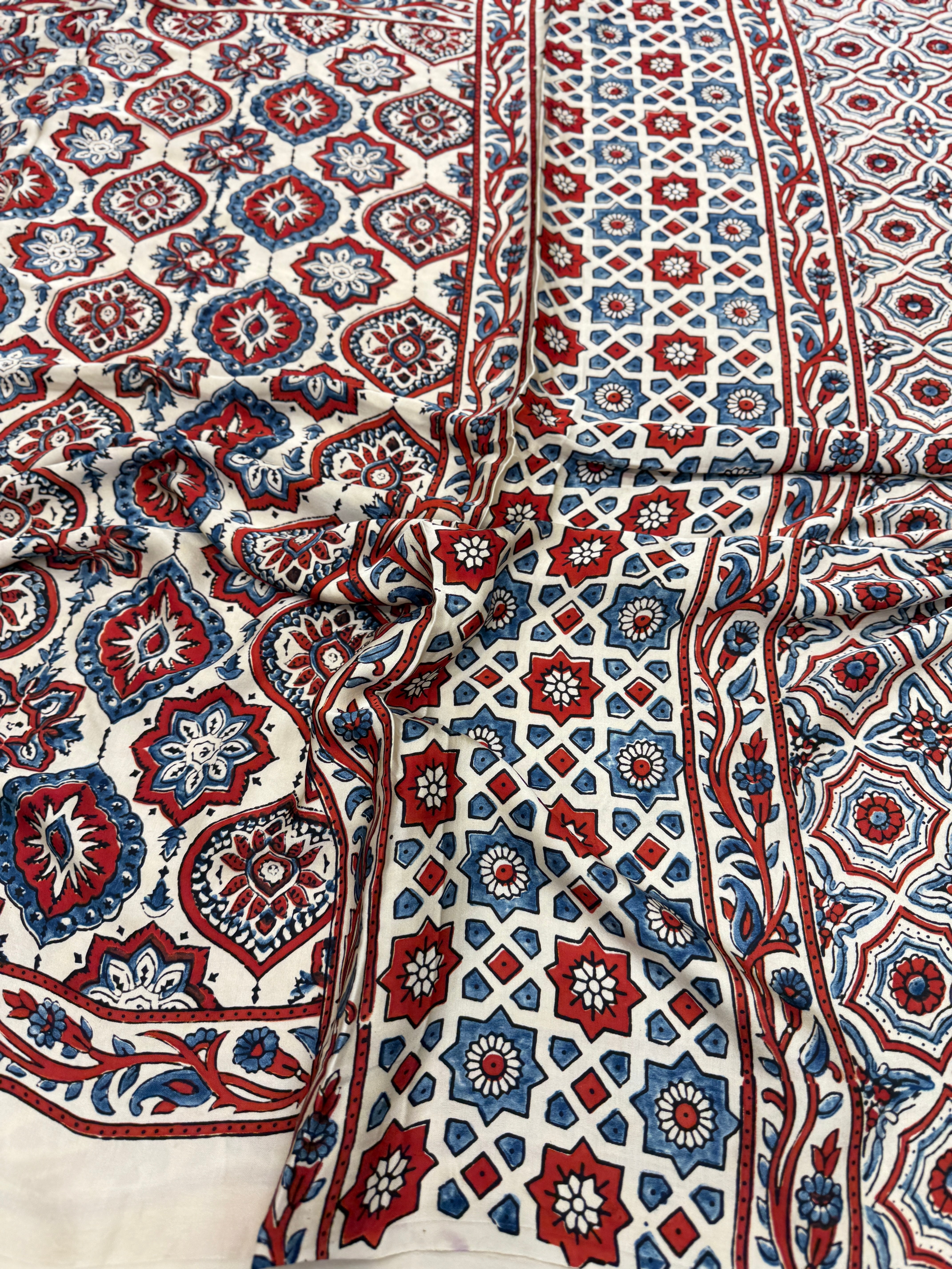 White Badam Buttas Jaal Ajrakh Modal Gajji Silk Saree