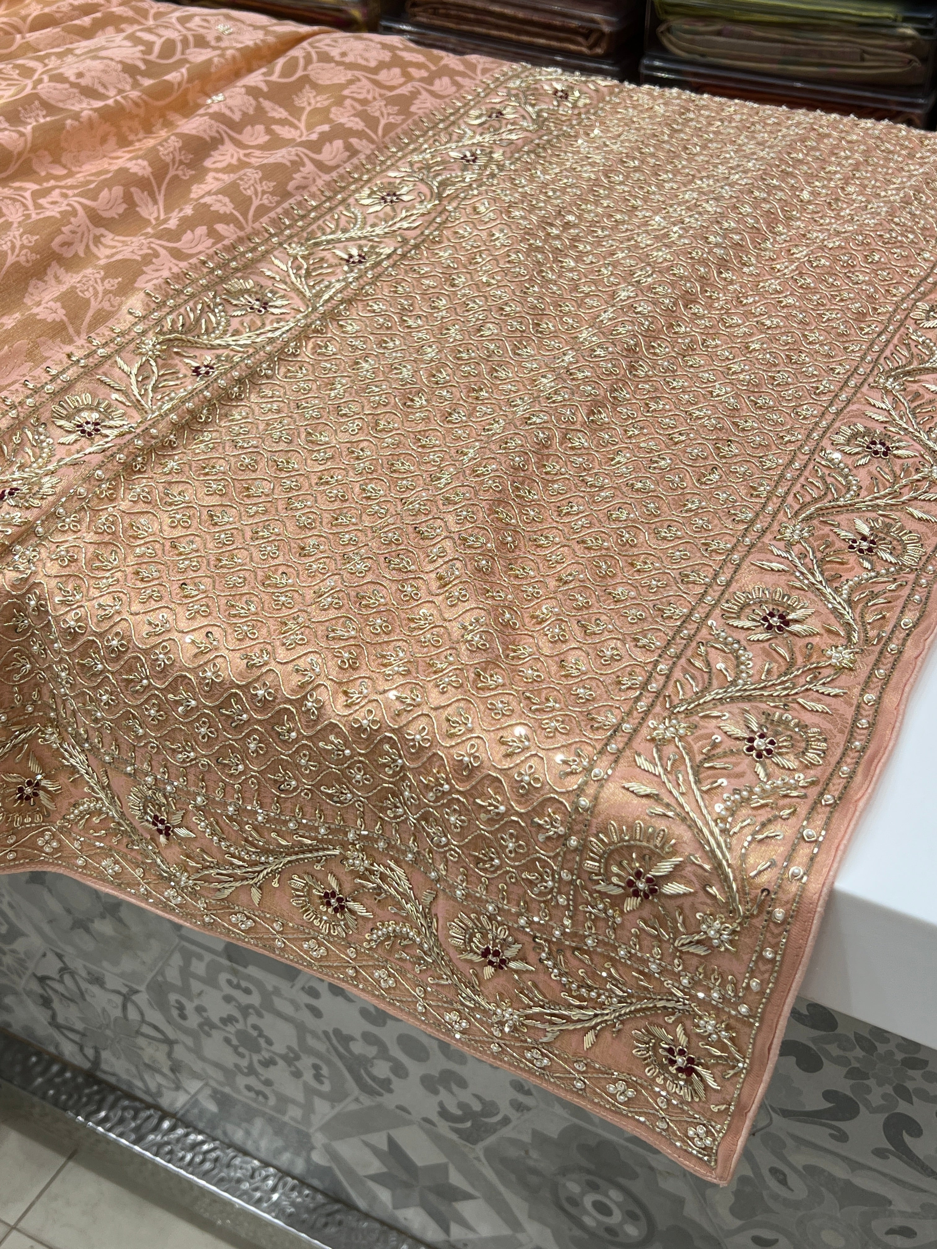 Nude Pink Floral Jaal Banarasi Zardosi Embroidery Saree