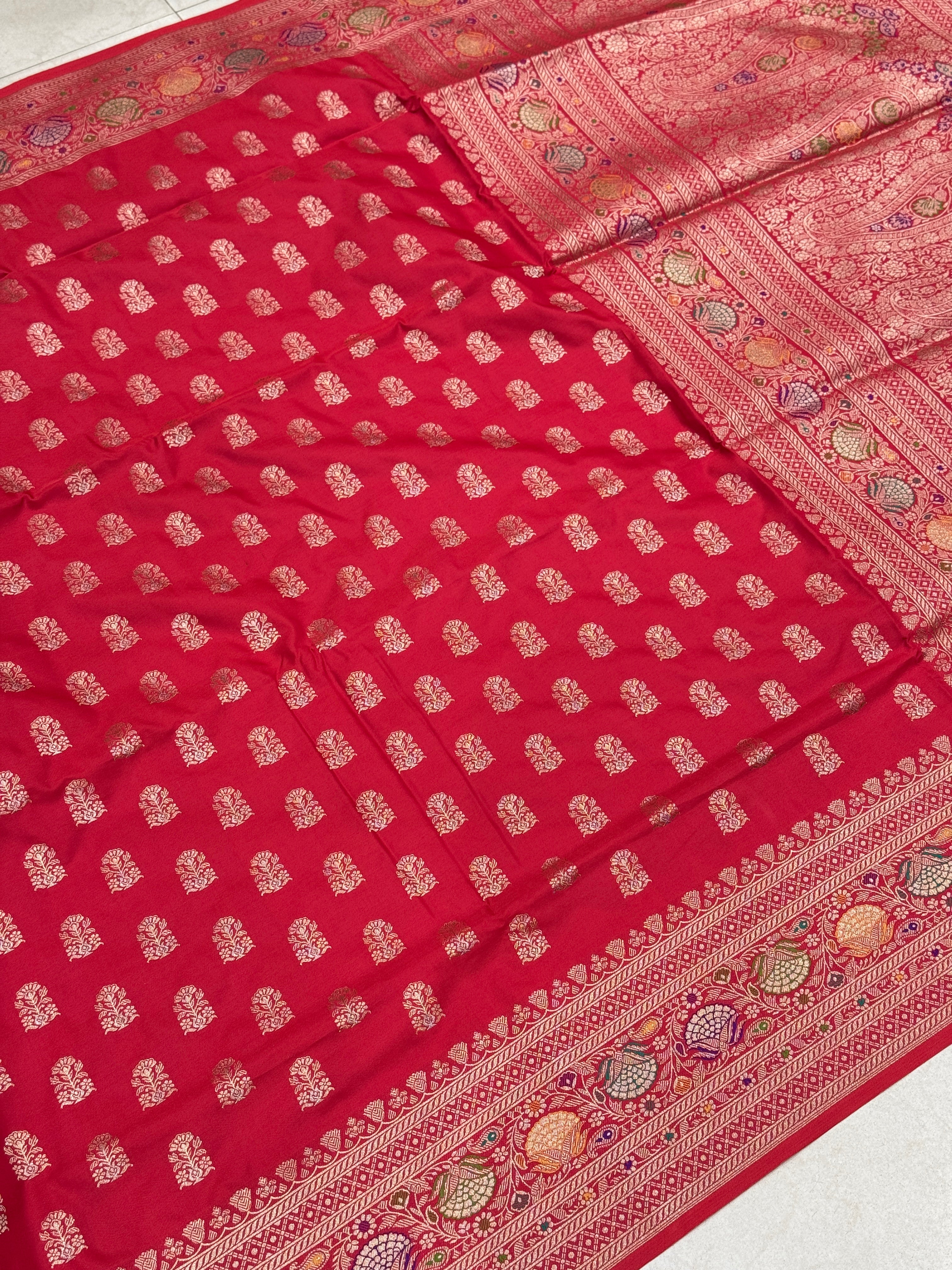 Red Banarasi Silk Butta Meena Border Saree