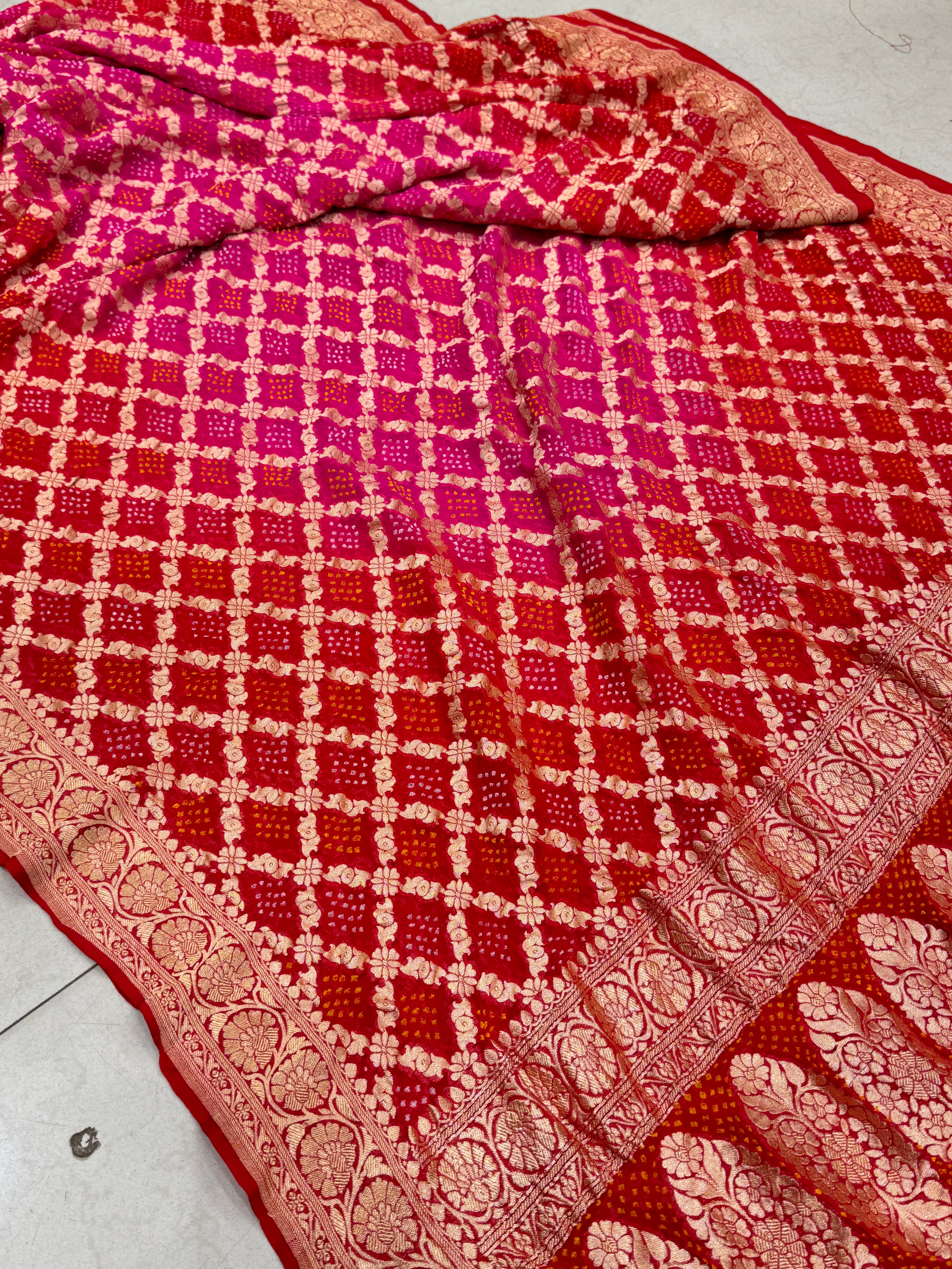 Red Rani Shaded Bandhej Bandhini Saree