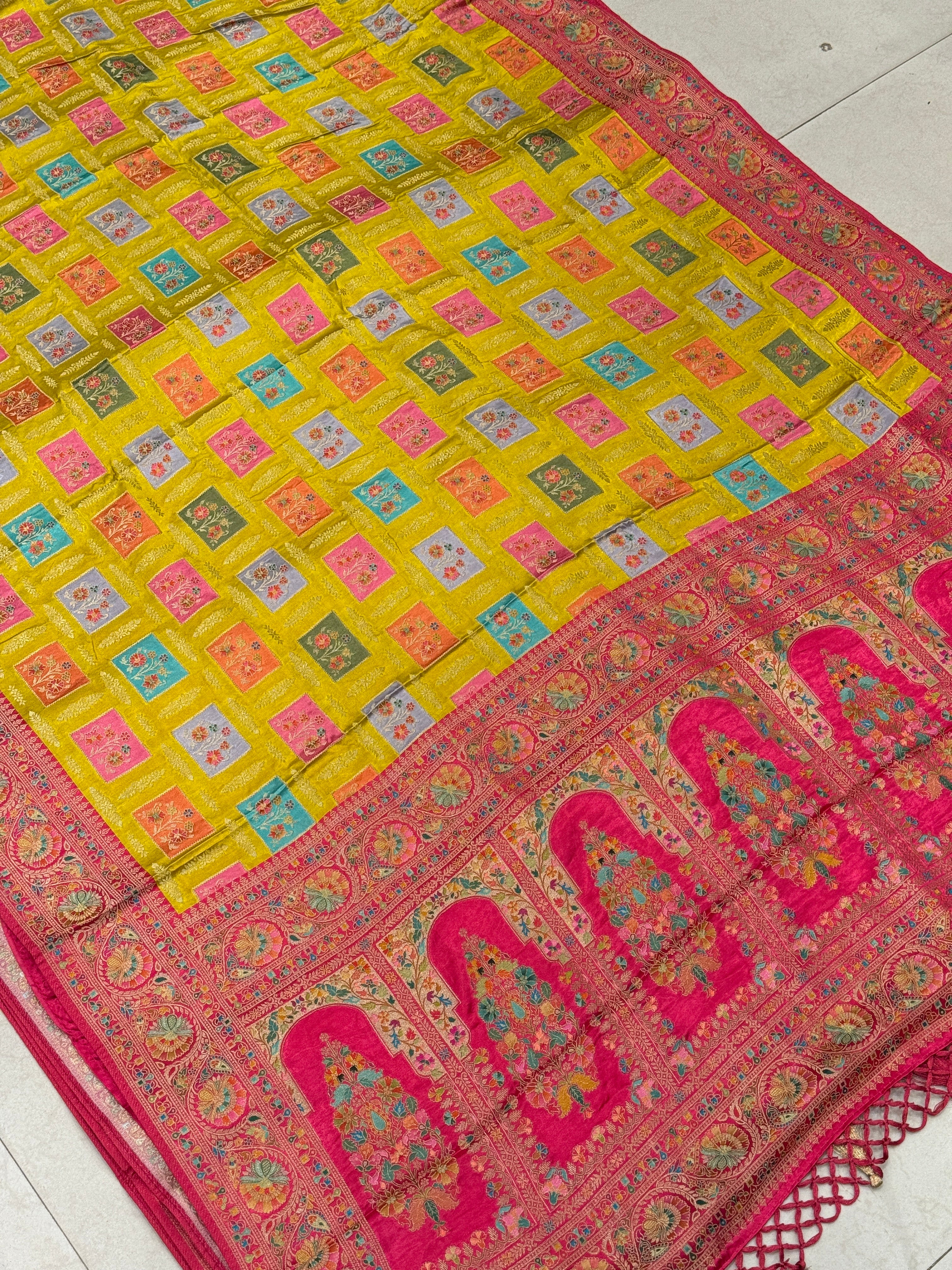 Yellow Box Check Banarasi Modal Satin Rangkat Saree