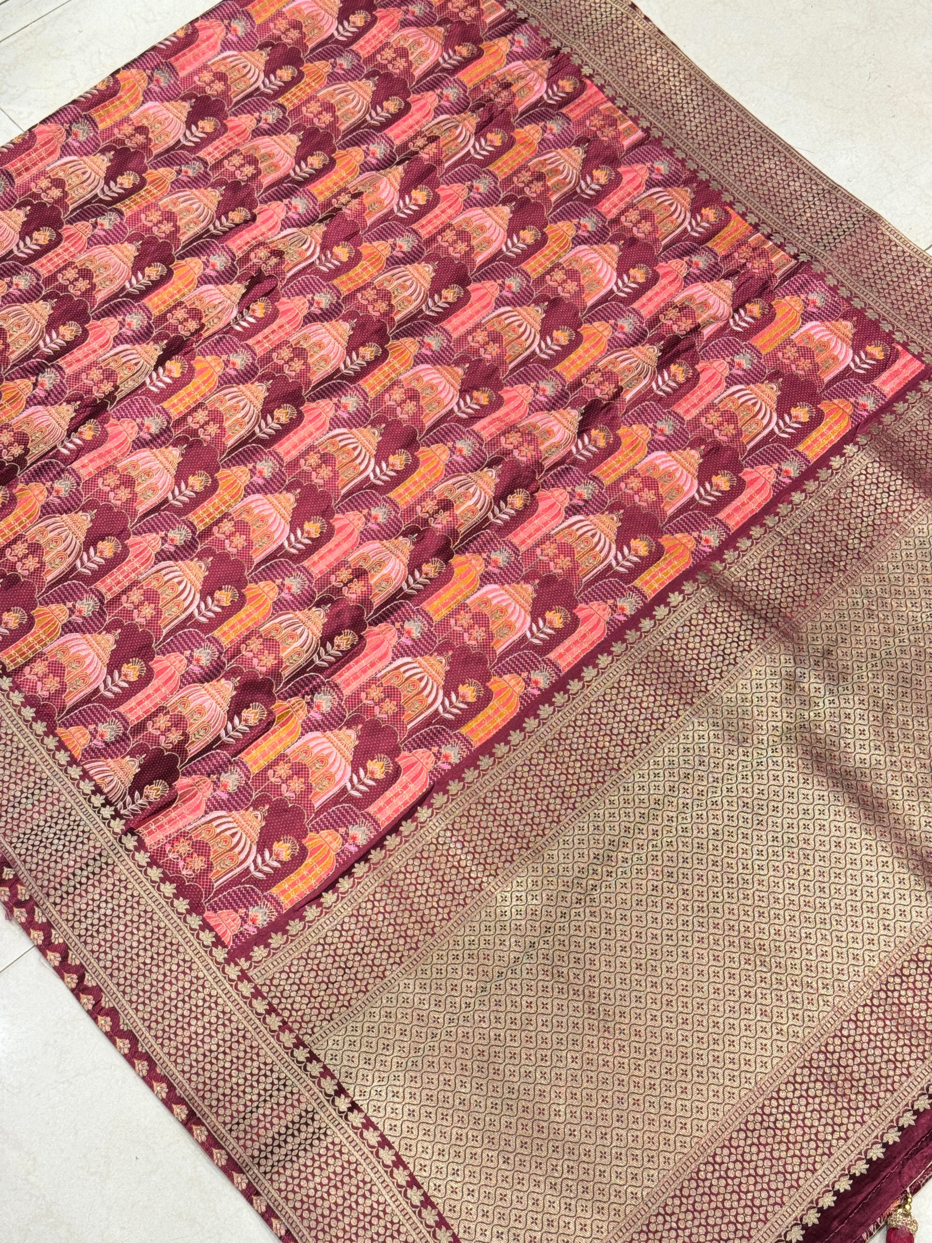 Rasberry Wine Temple Theme Modal Satin Saree