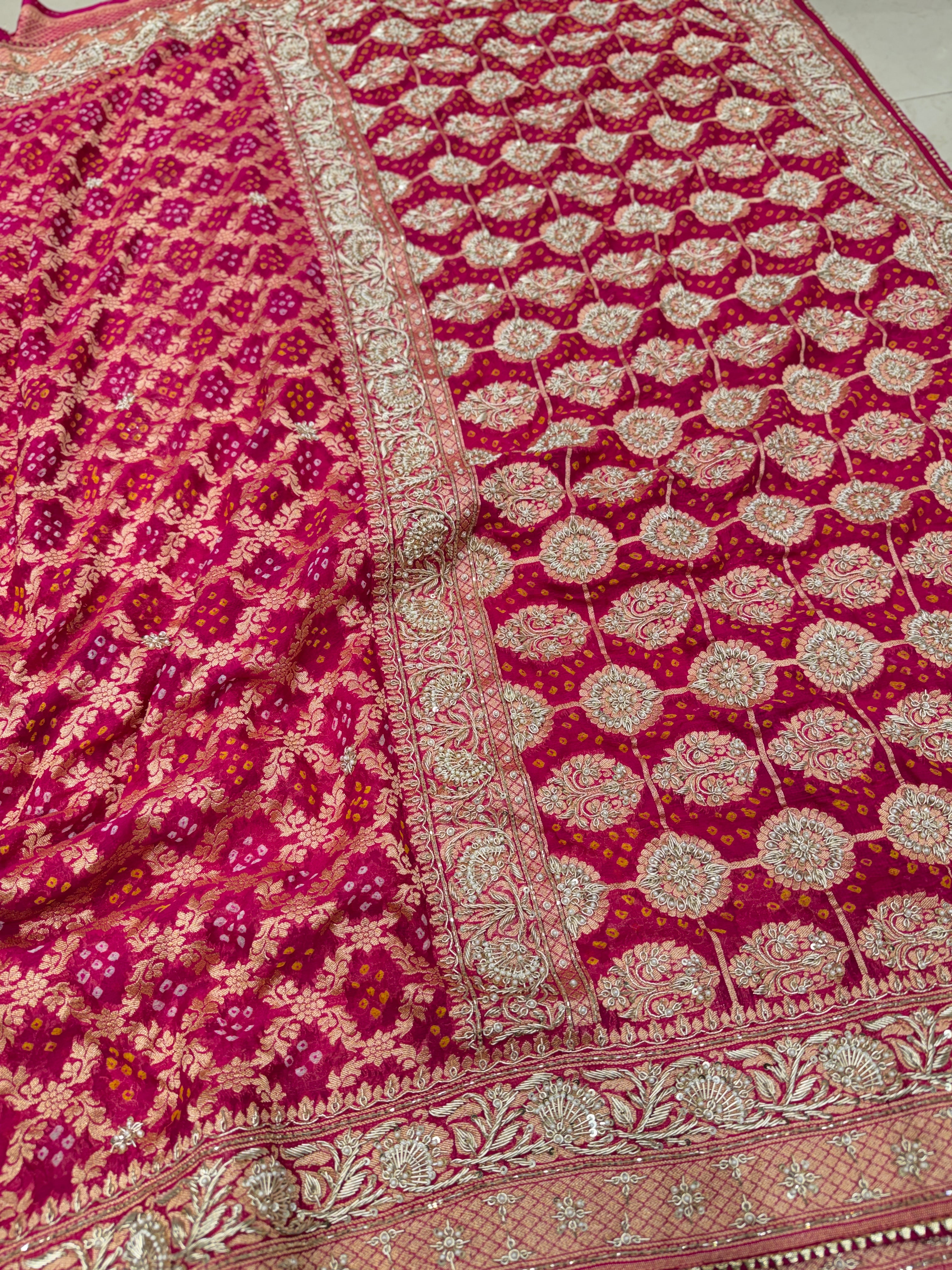 Rani Bandhej Zardosi Hand Embroidery Saree