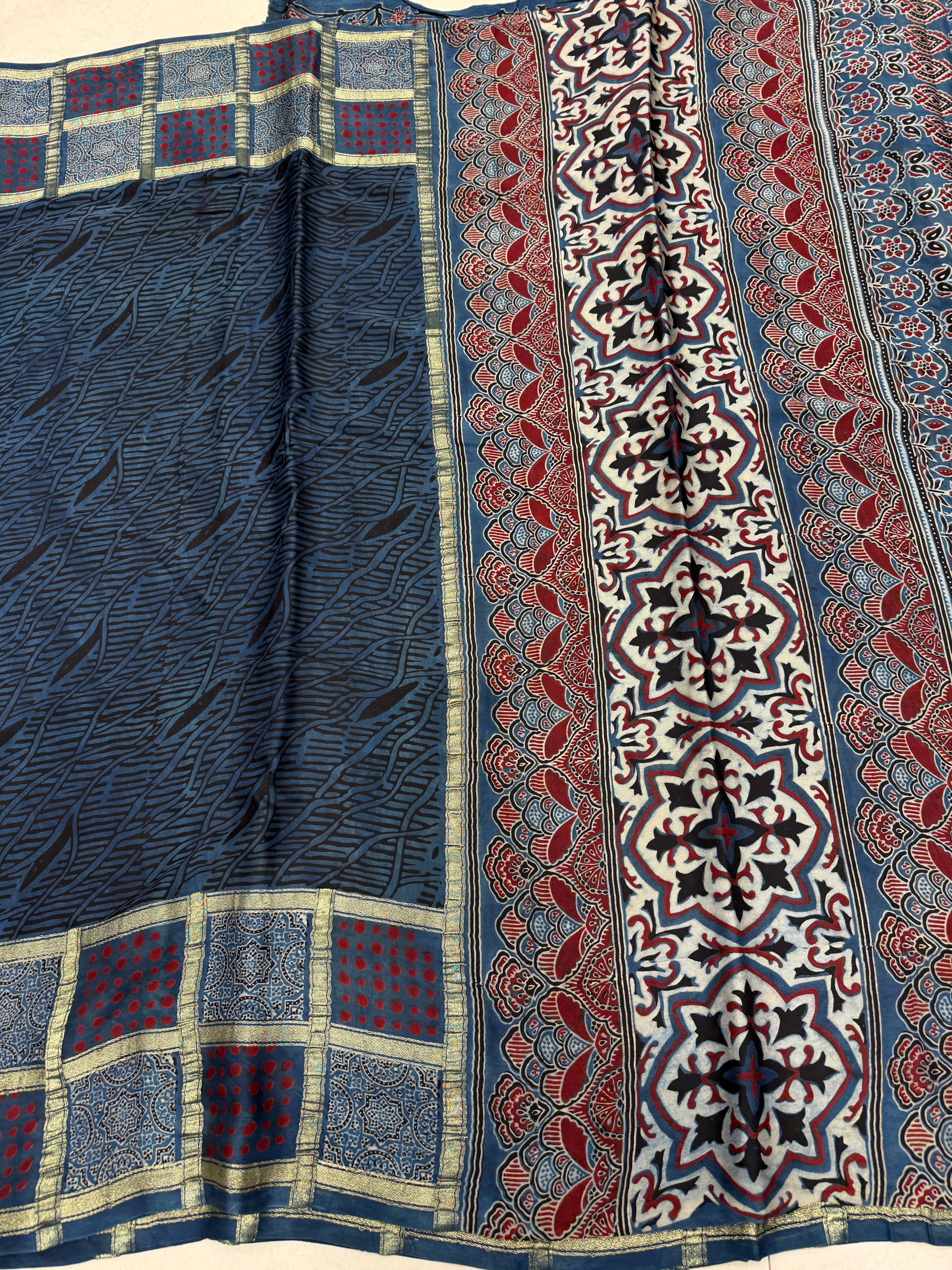 Blue Contemporary Zari Checks Ajrakh Hand Block Print Pure Gajji Silk Saree