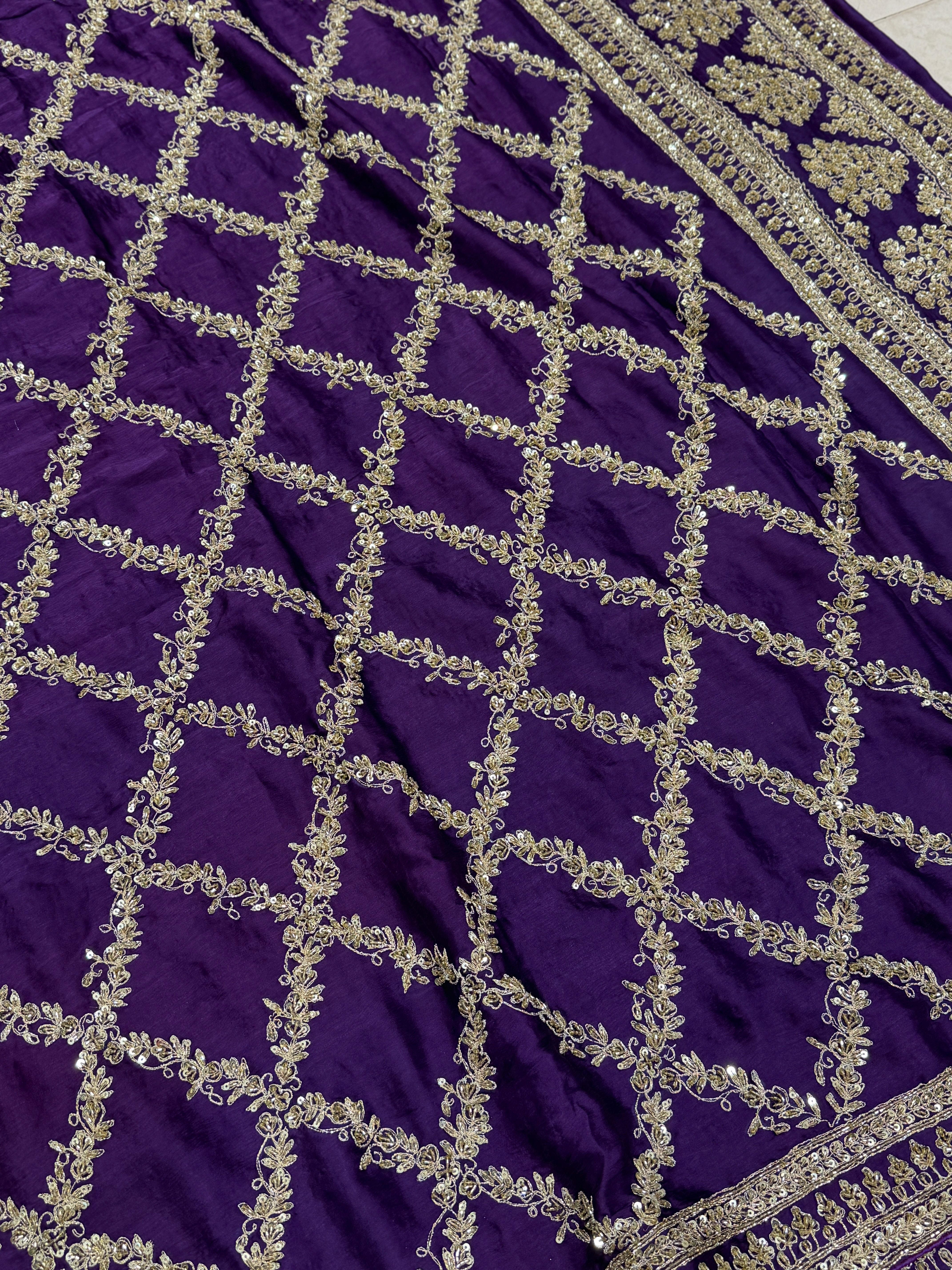 Violet Crepe Satin Sabyasachi Inspired Zardosi Jaal Embroidery Saree