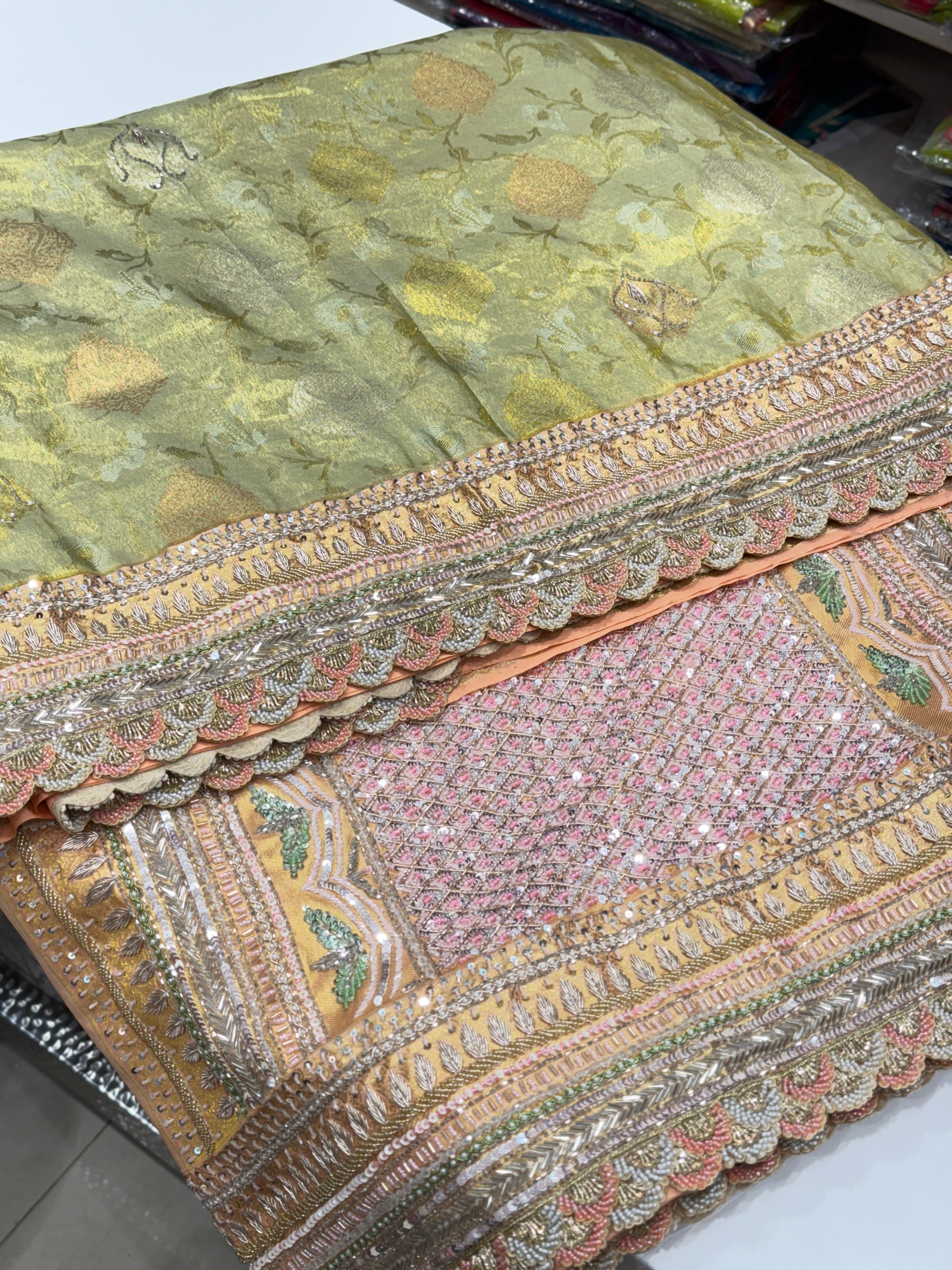 Green Peach Woven Kanjivaram Zardosi Hand Embroidery Saree