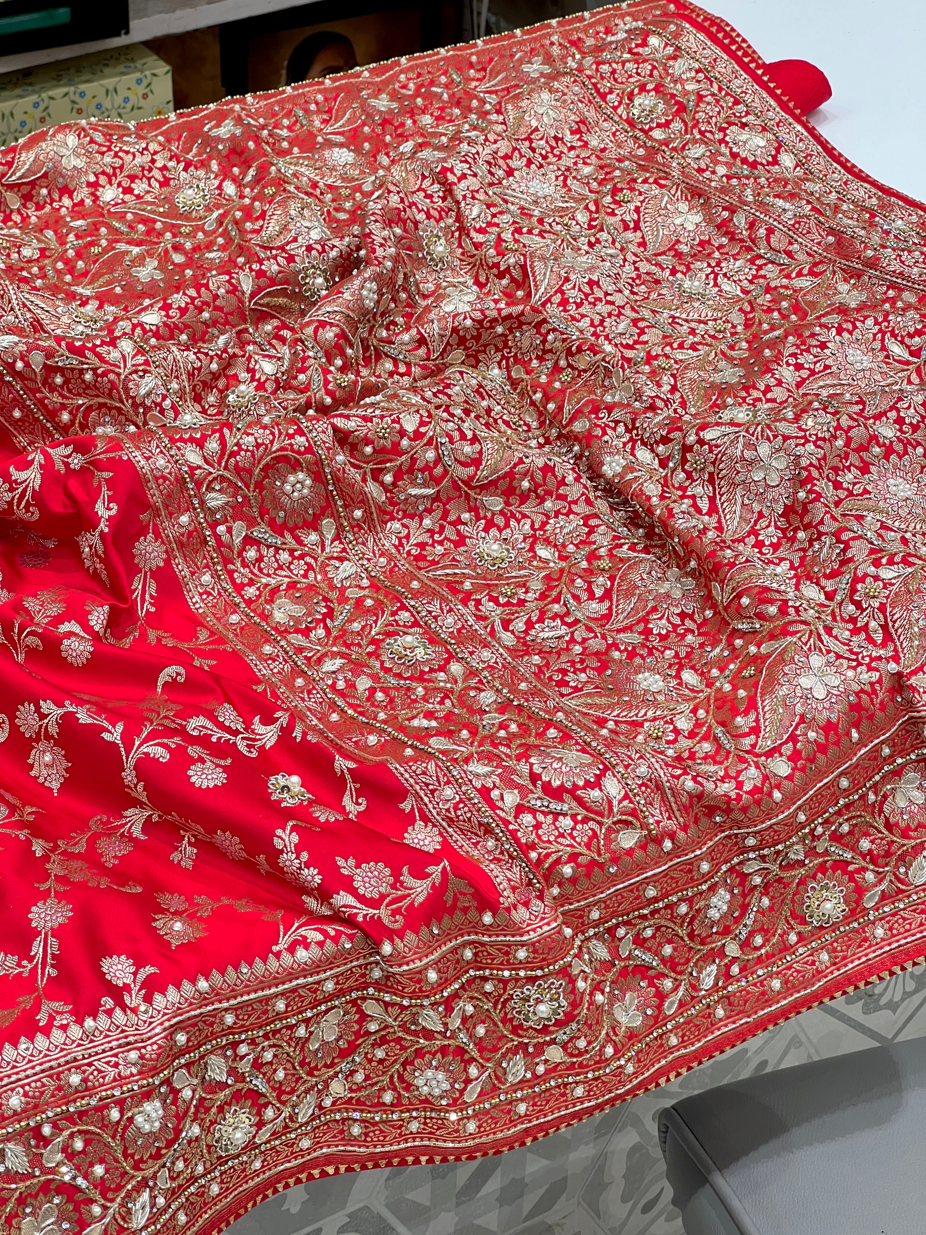 Red Banarasi Upside Down Border Hand Embroidery Saree