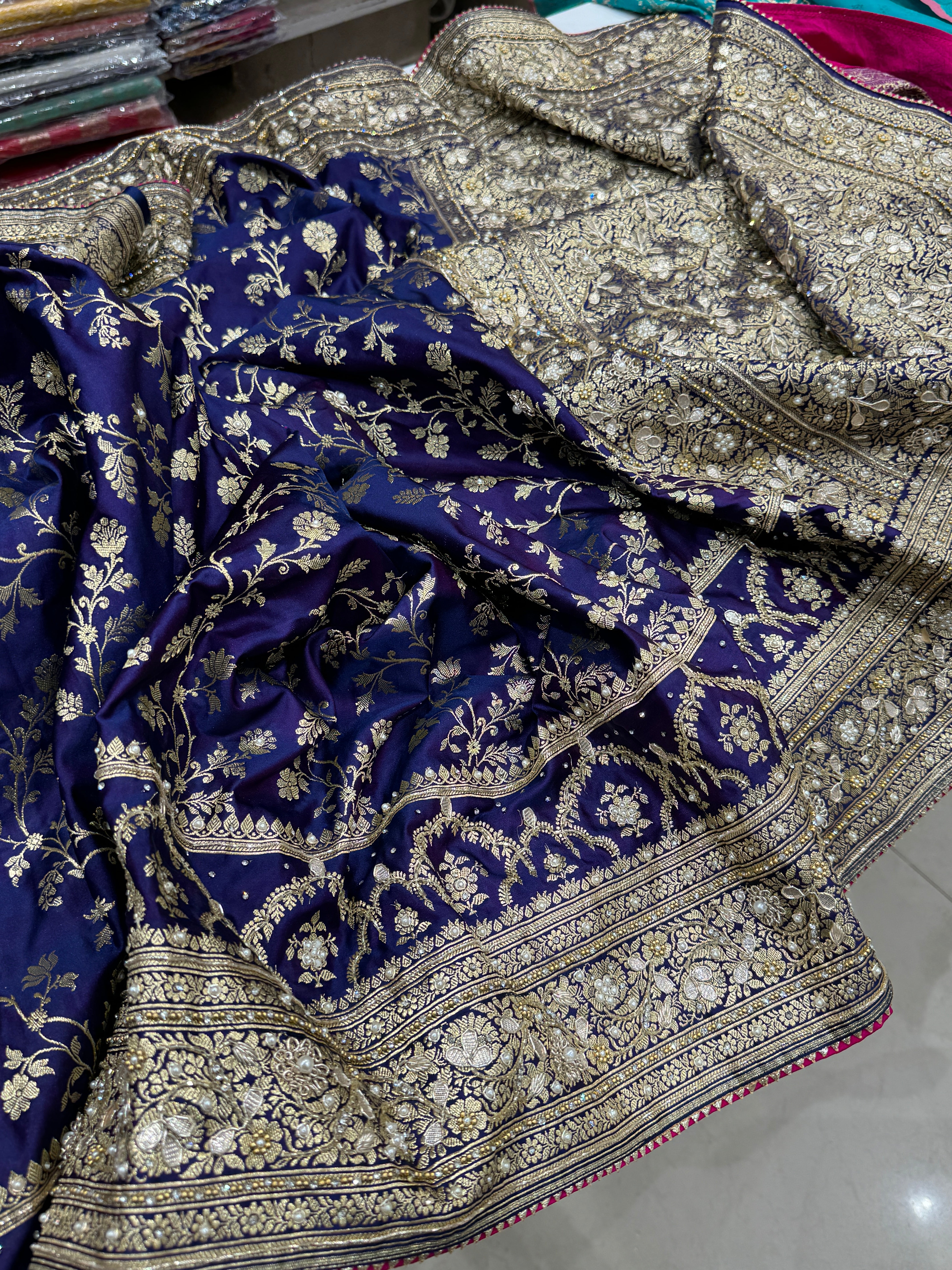 Cross Violet Banarasi Silk Hand Embroidery Saree