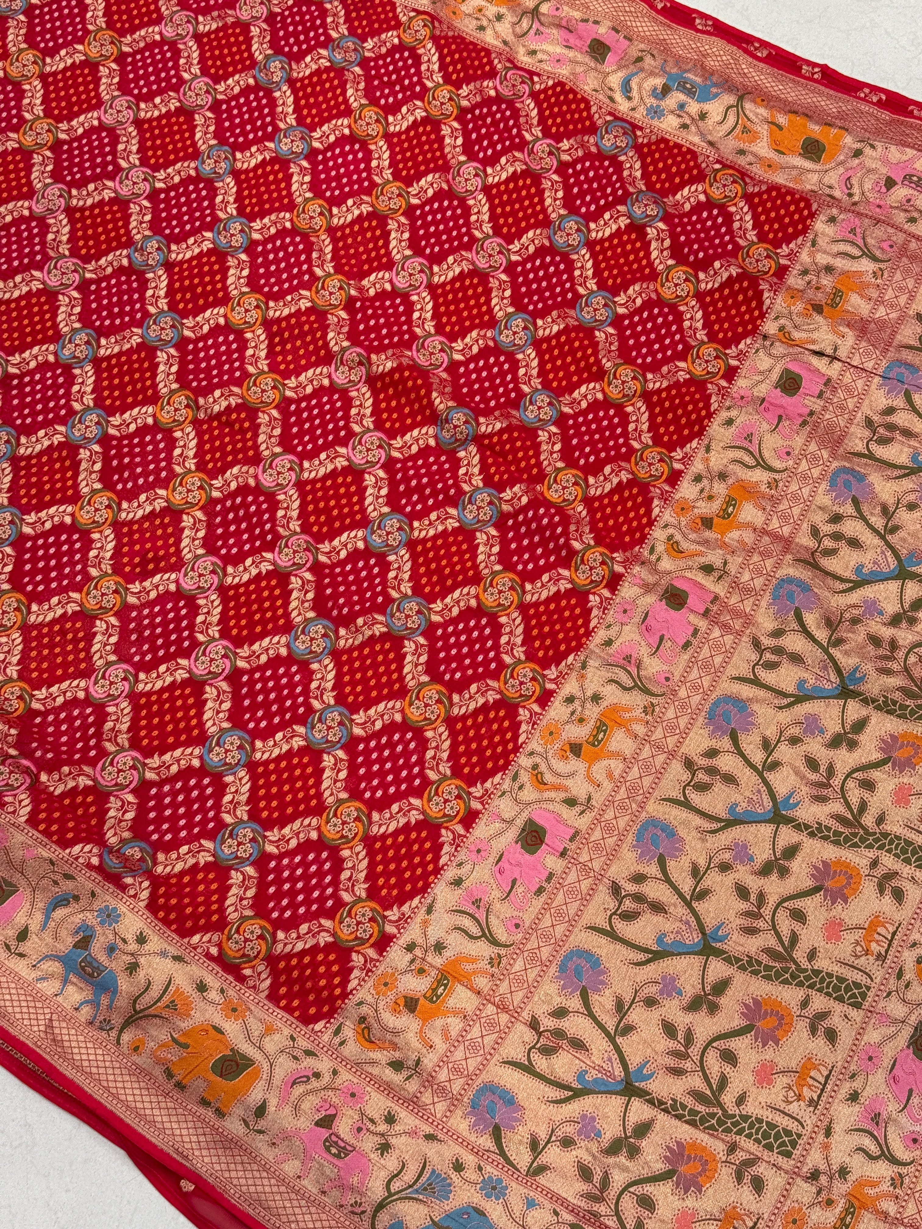 Red Meenkari Asvah Hastin Border Woven Bandhej Saree