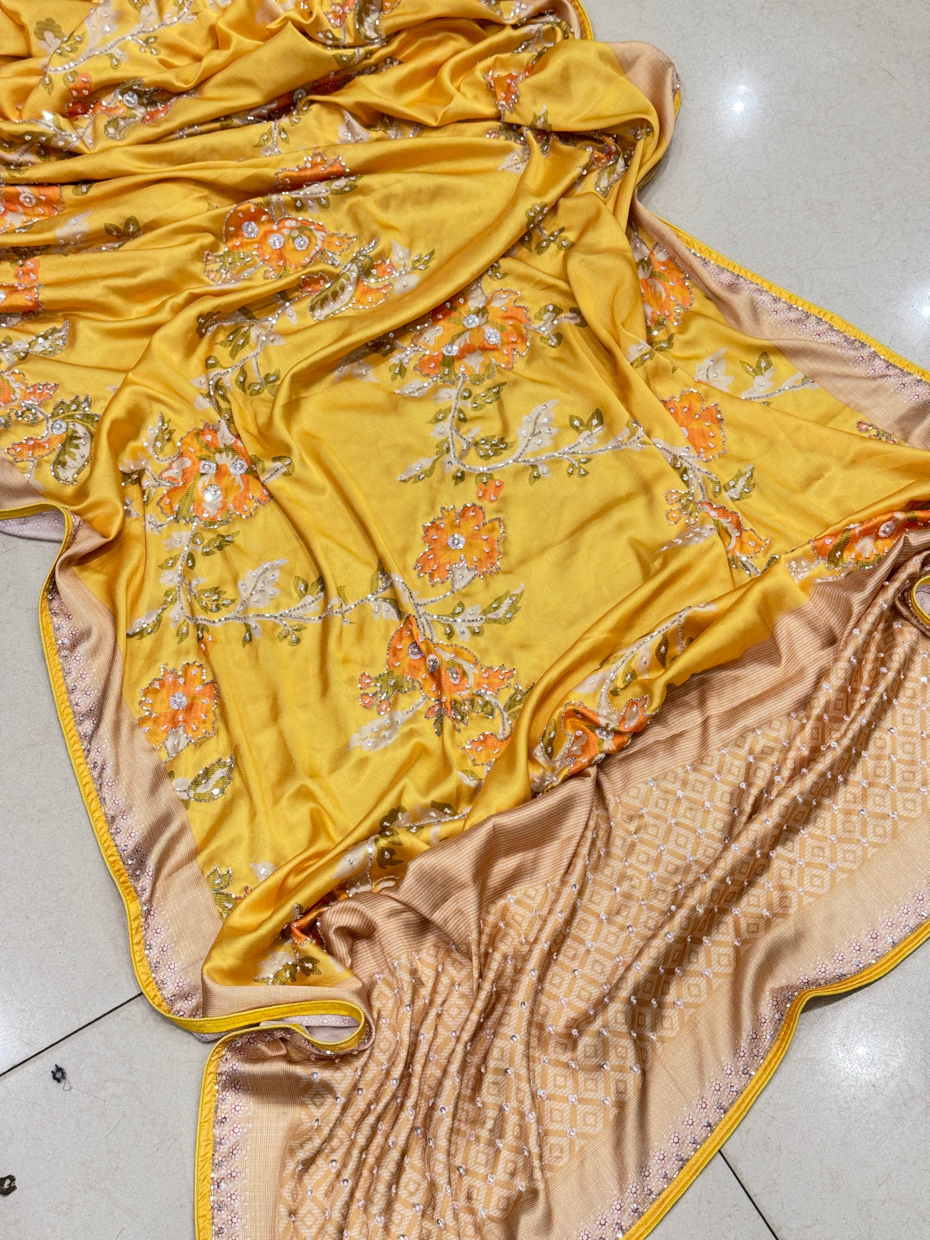 Yellow Satin Floral Print Hand Embroidery Saree