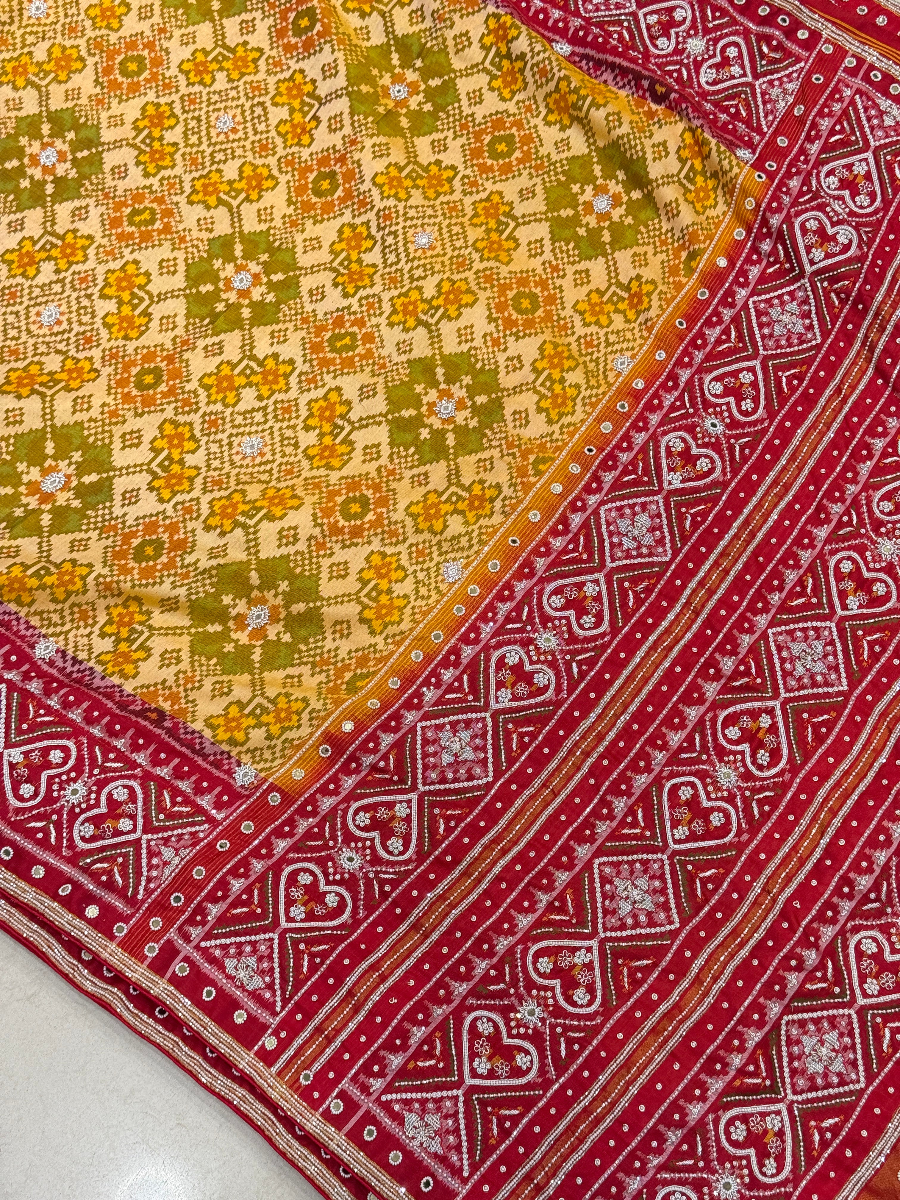 Mustard Yellow Pure Silk Patola Zardosi Hand Embroidery Saree