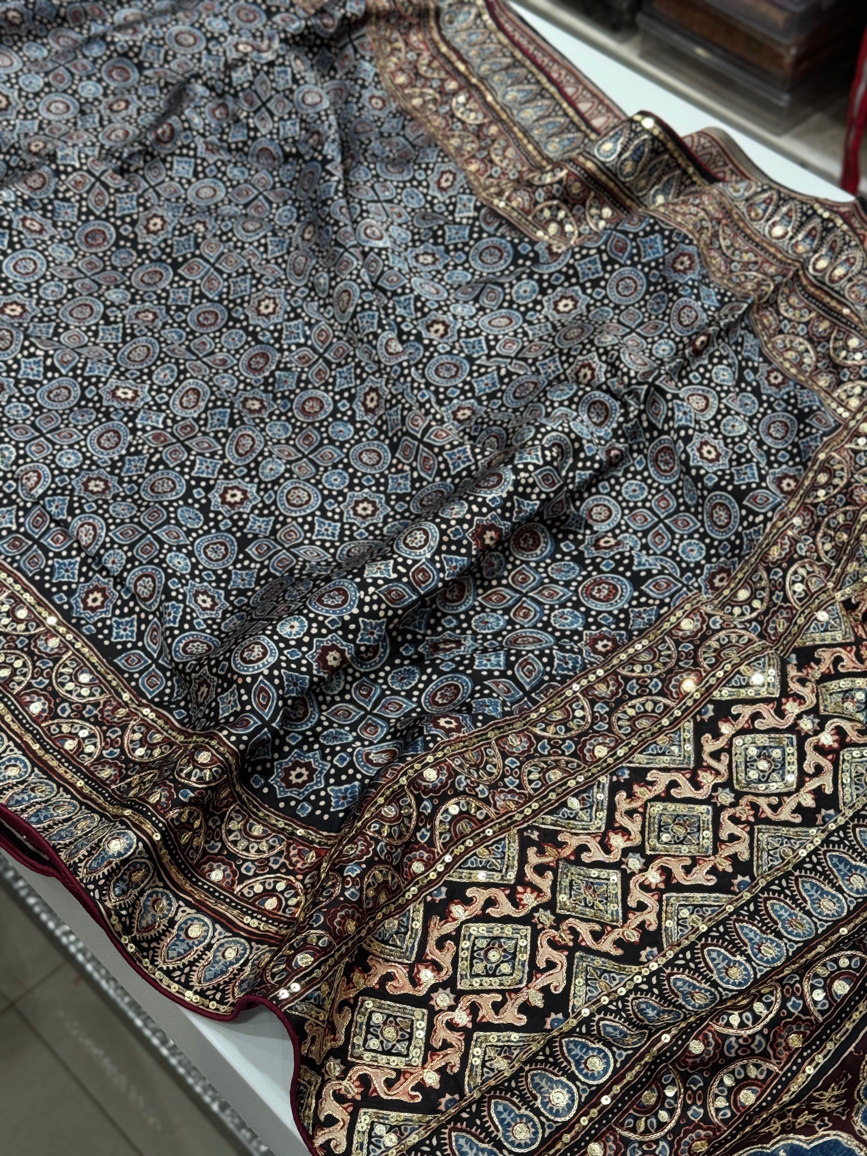 Blue Black Pita Zardosi Sequin Ajrakh Hand Embroidery Saree