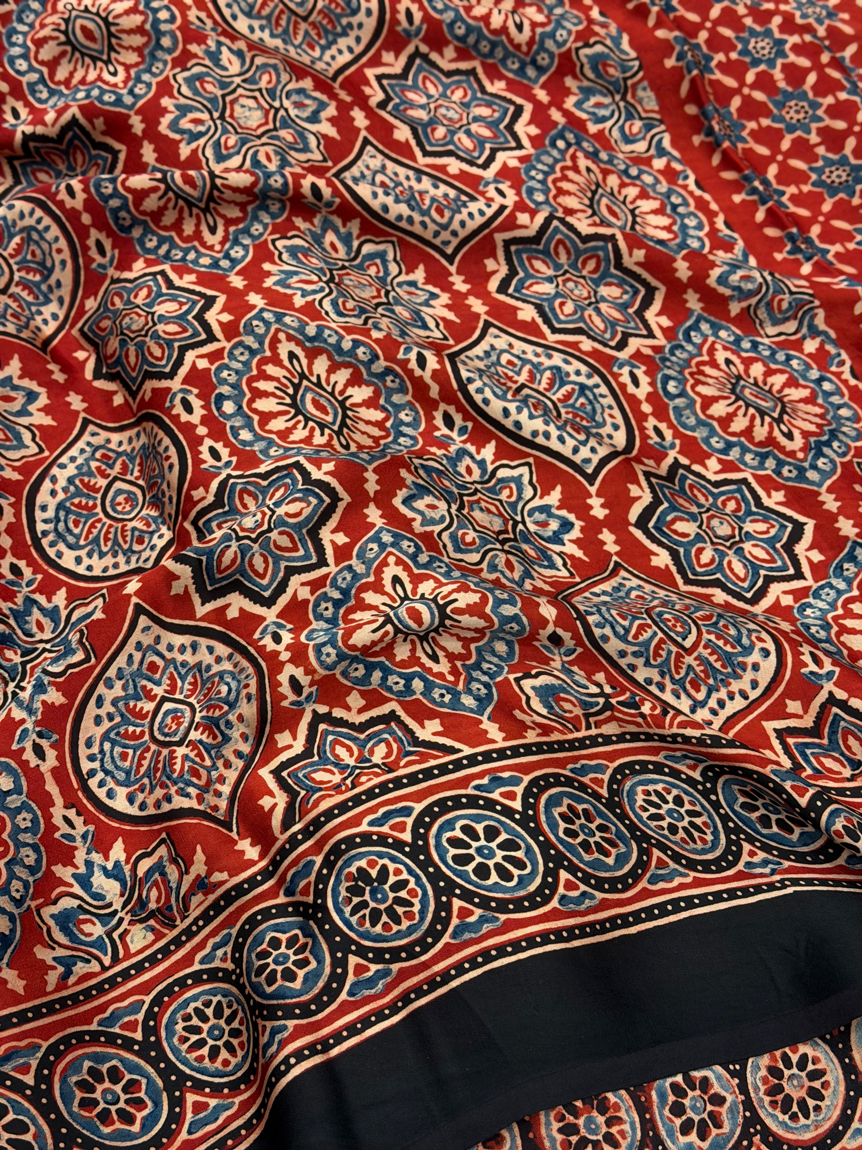 Red Modern Style Ajrakh Hand Block Print Pure Modal Silk Saree