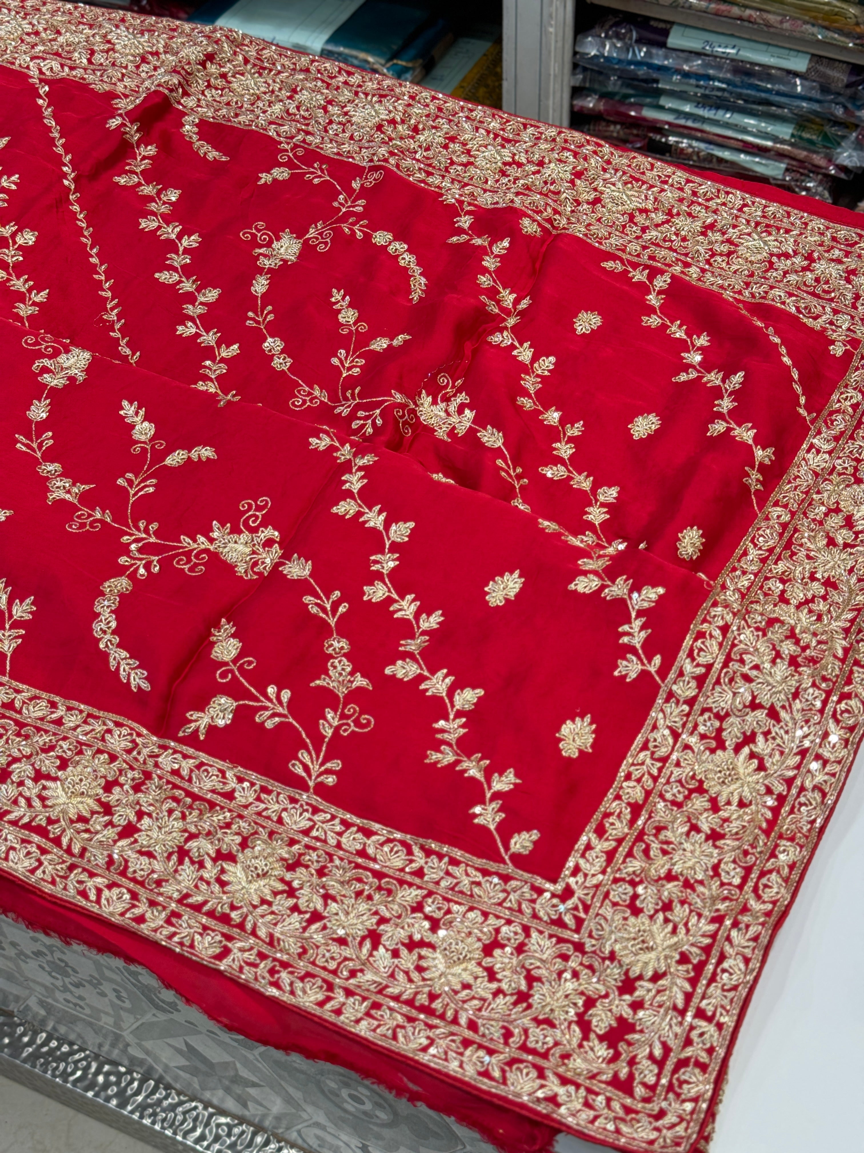 Red Leheriya Jaal Satin Hand Embroidery Zardosi Saree