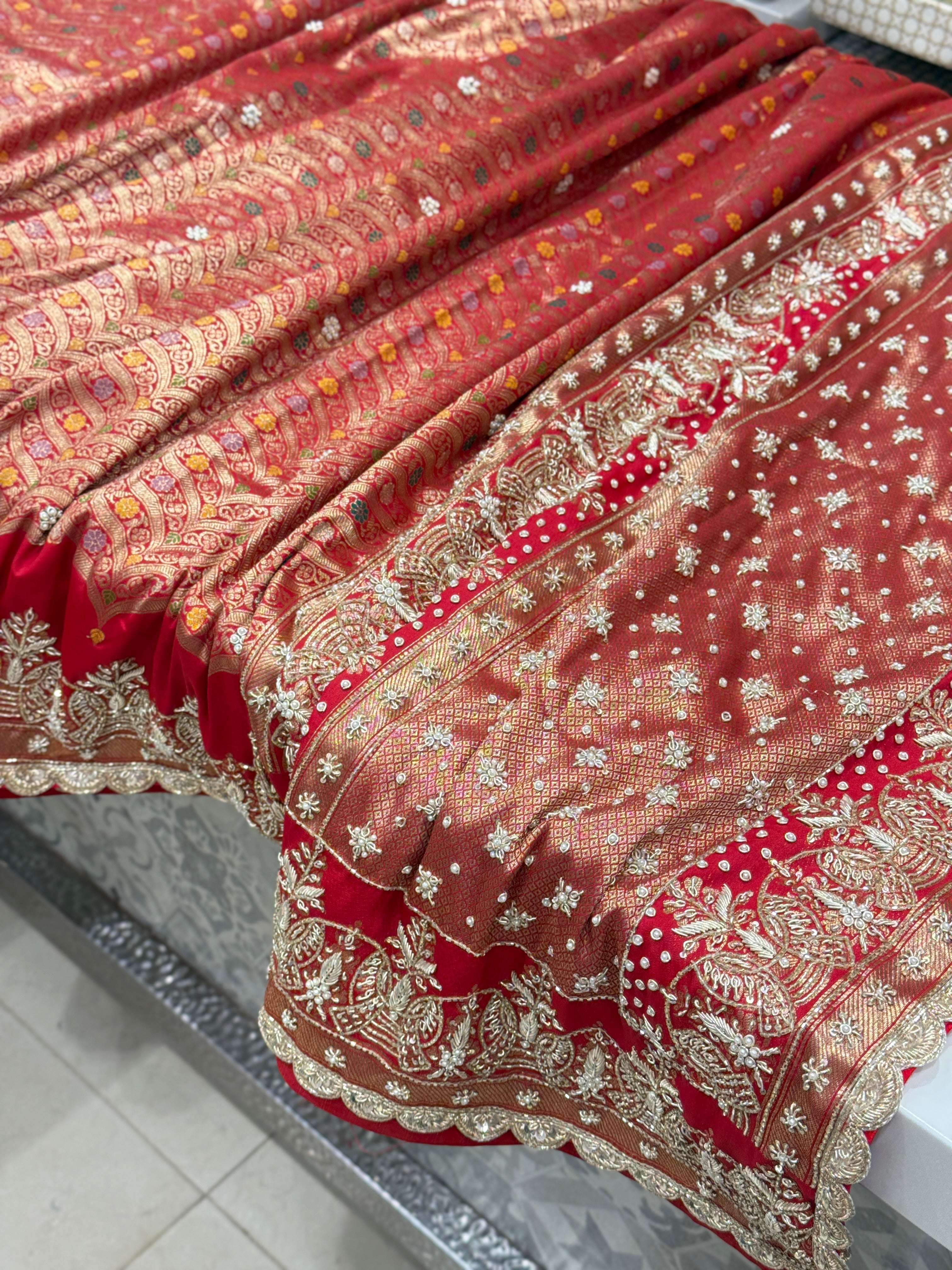 Red Banarasi Contemporary Zardosi Hand Embroidery Saree