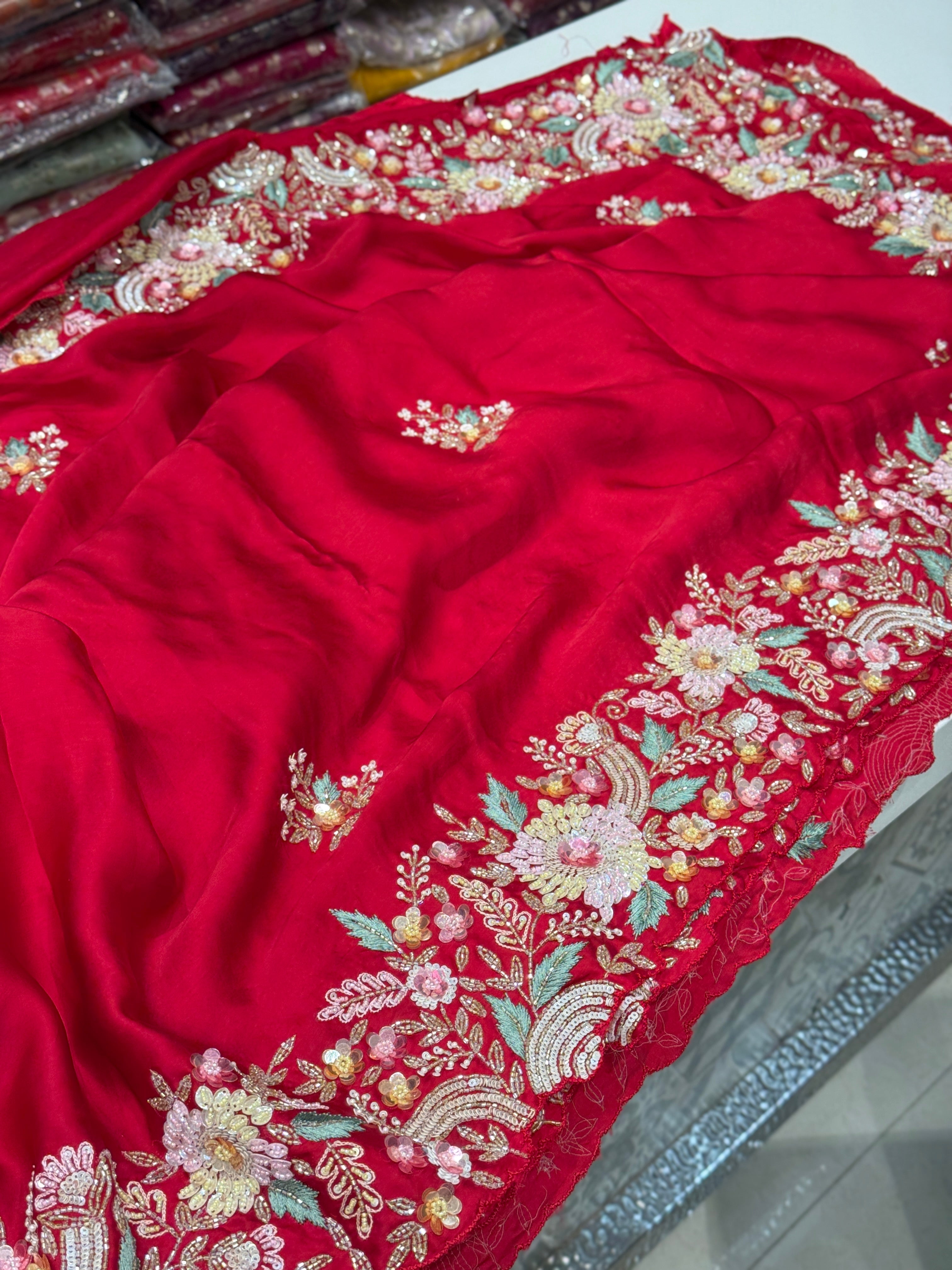 Red Satin Multi Colour Sequin Hand Embroidery Saree
