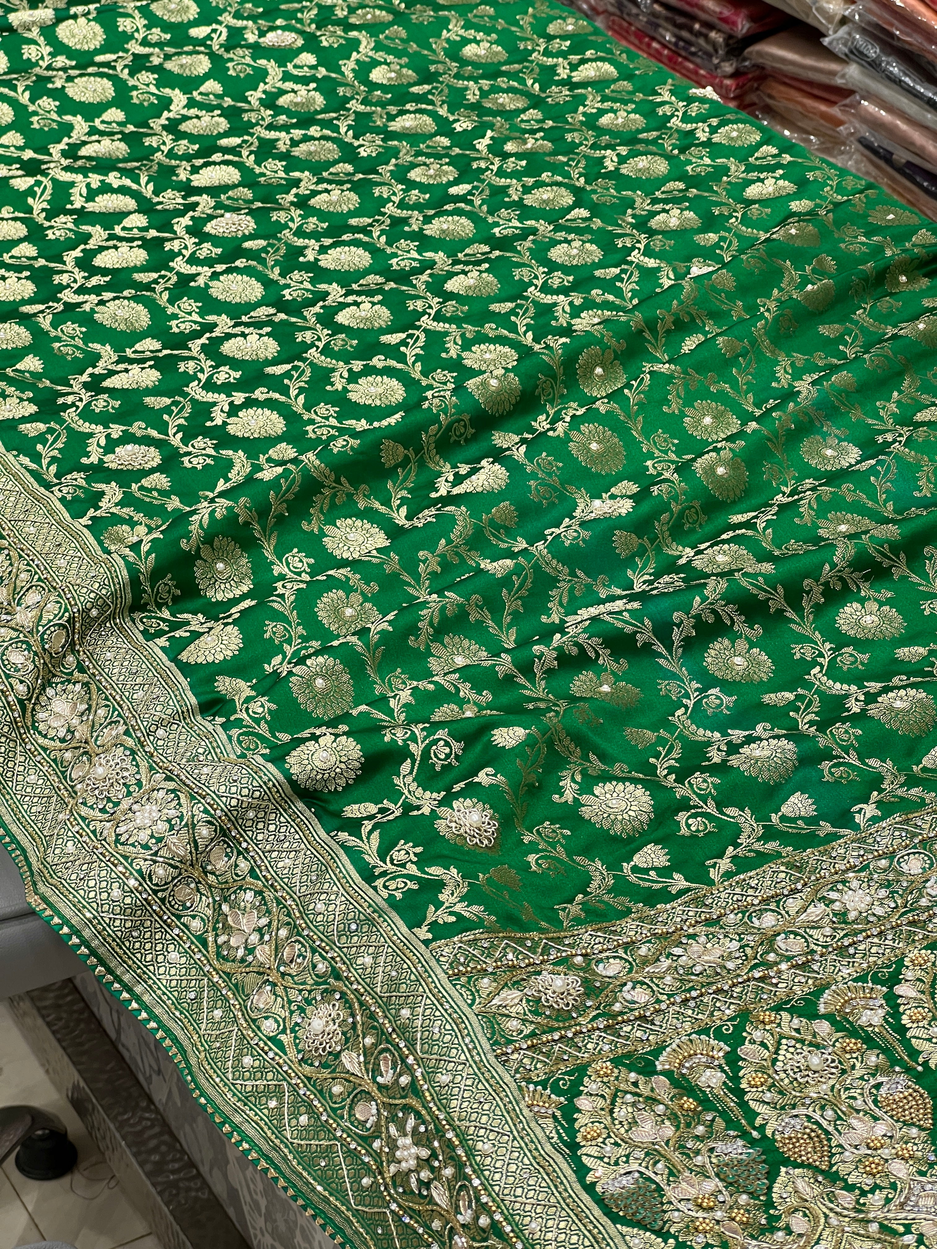 Green Banarasi Silk Hand Embroidered Saree