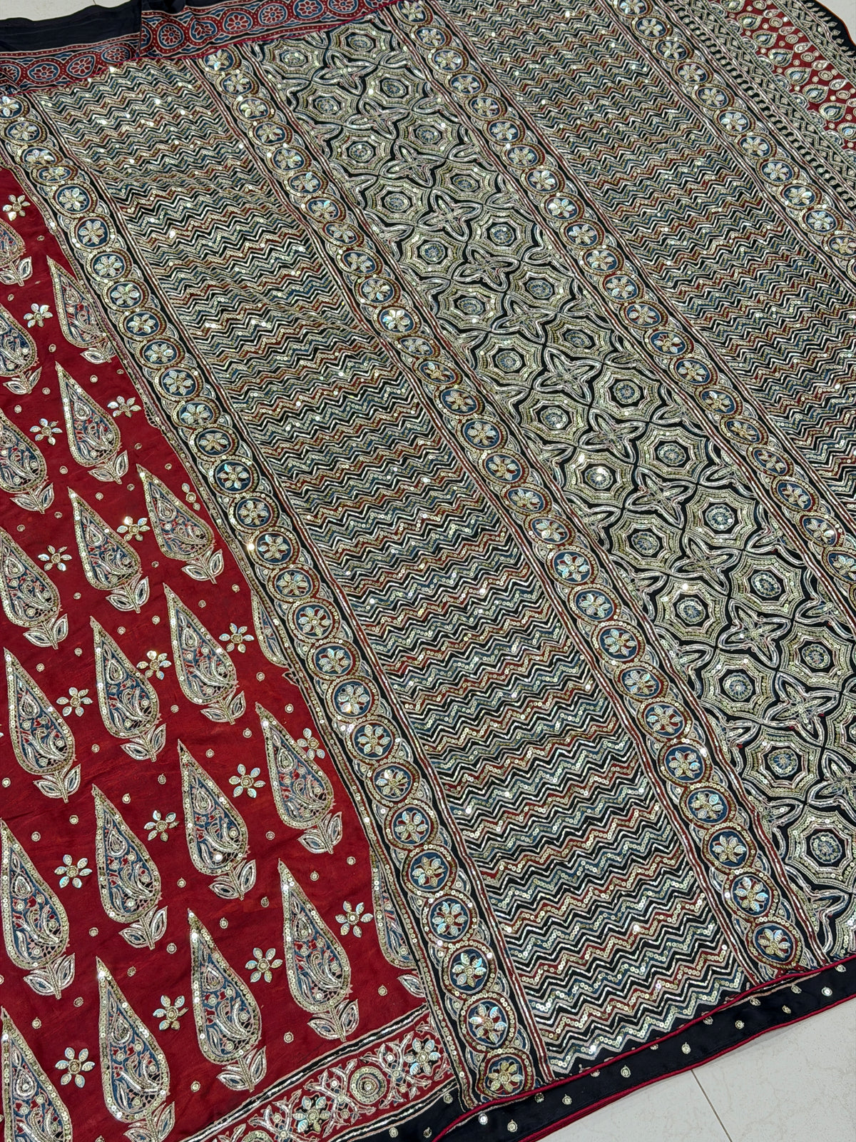 Red Buttas Pita Zardosi Sequin Ajrakh Hand Embroidery Saree