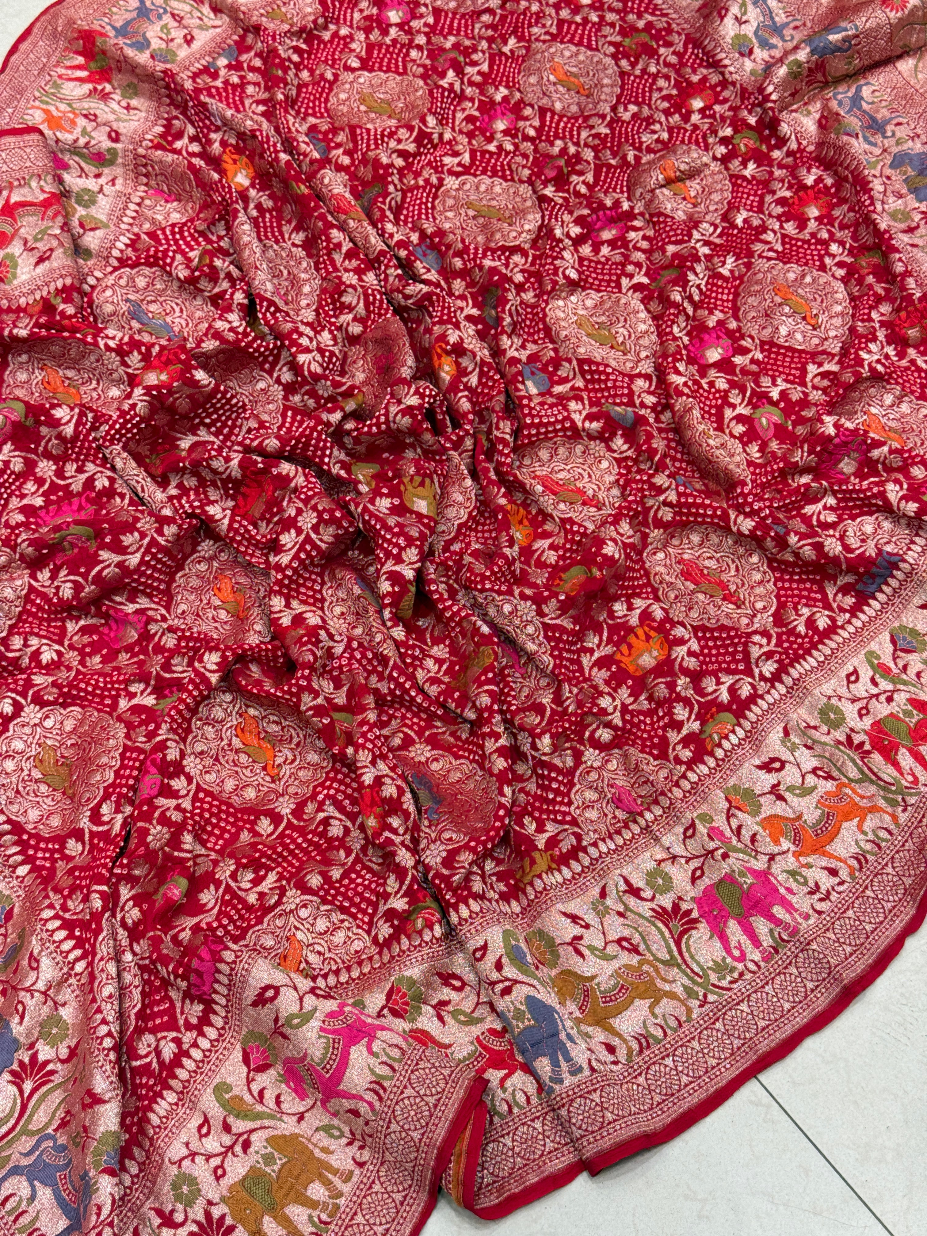 Red Shikargah Meenakari Rai Bandhej Georgette Dupatta