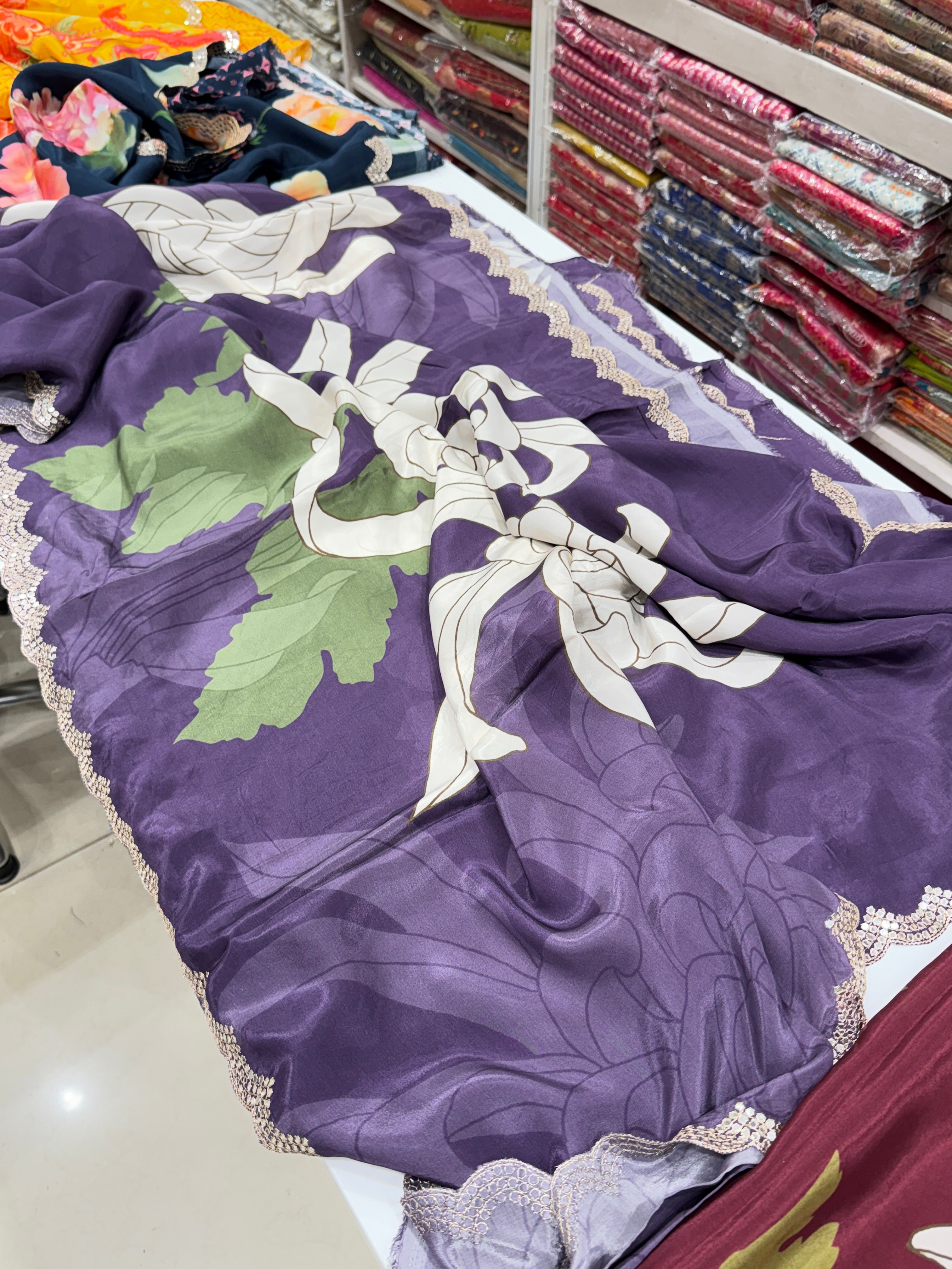 Violet Floral Muslin Printed Saree