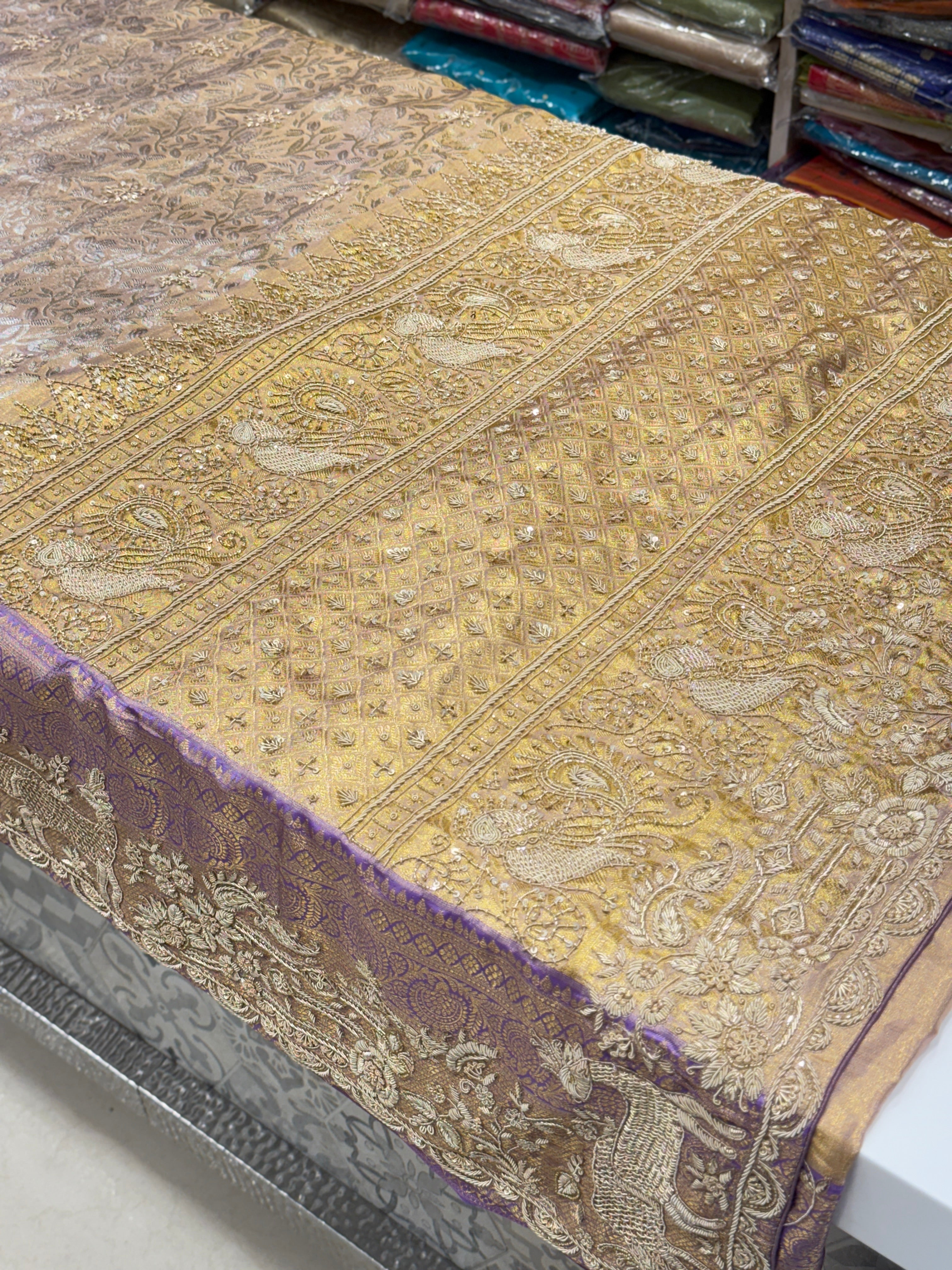 Lilac Kanjivaram Zardosi Figure Hand Embroidery Saree