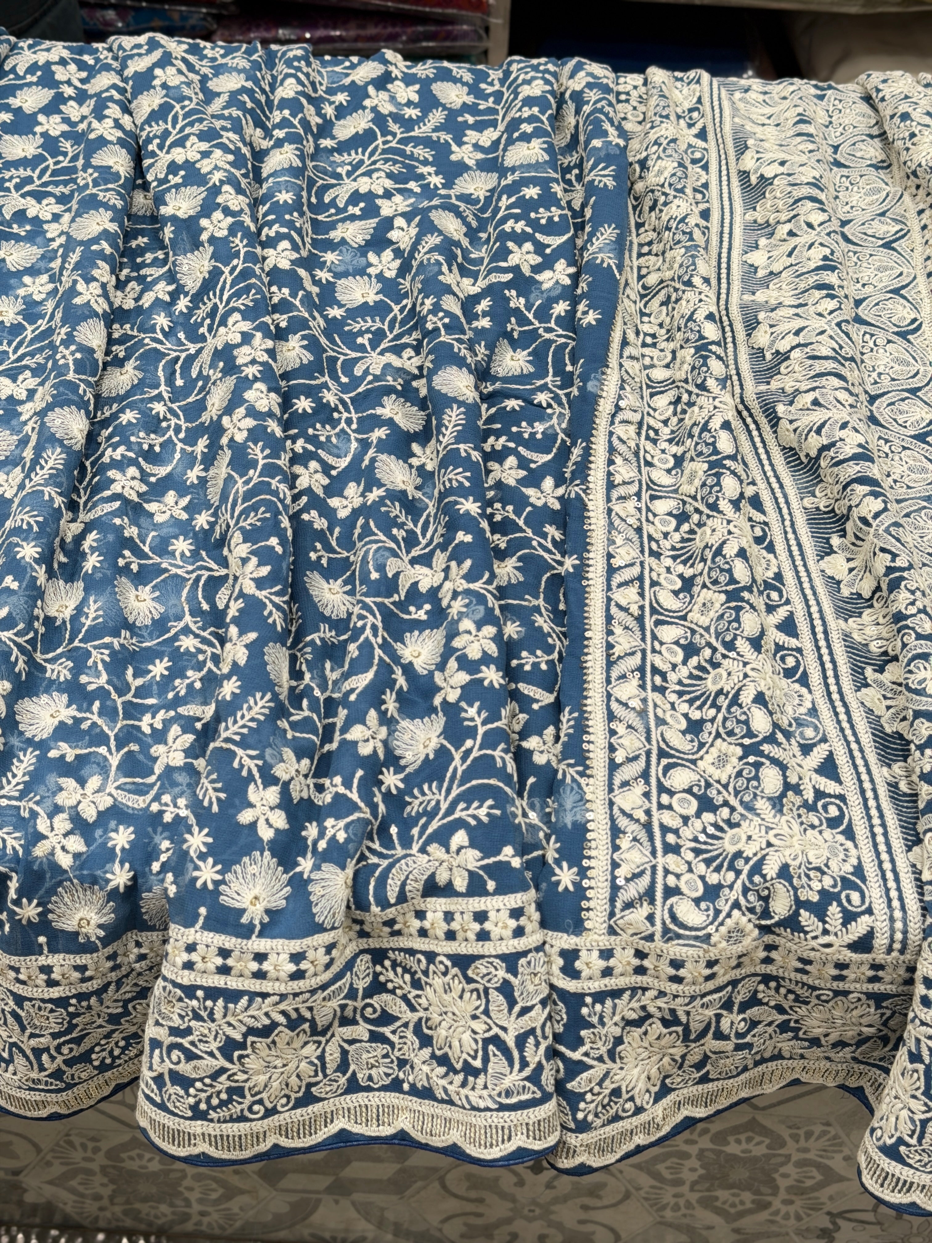 Blue Georgette Chikankari Resham Saree
