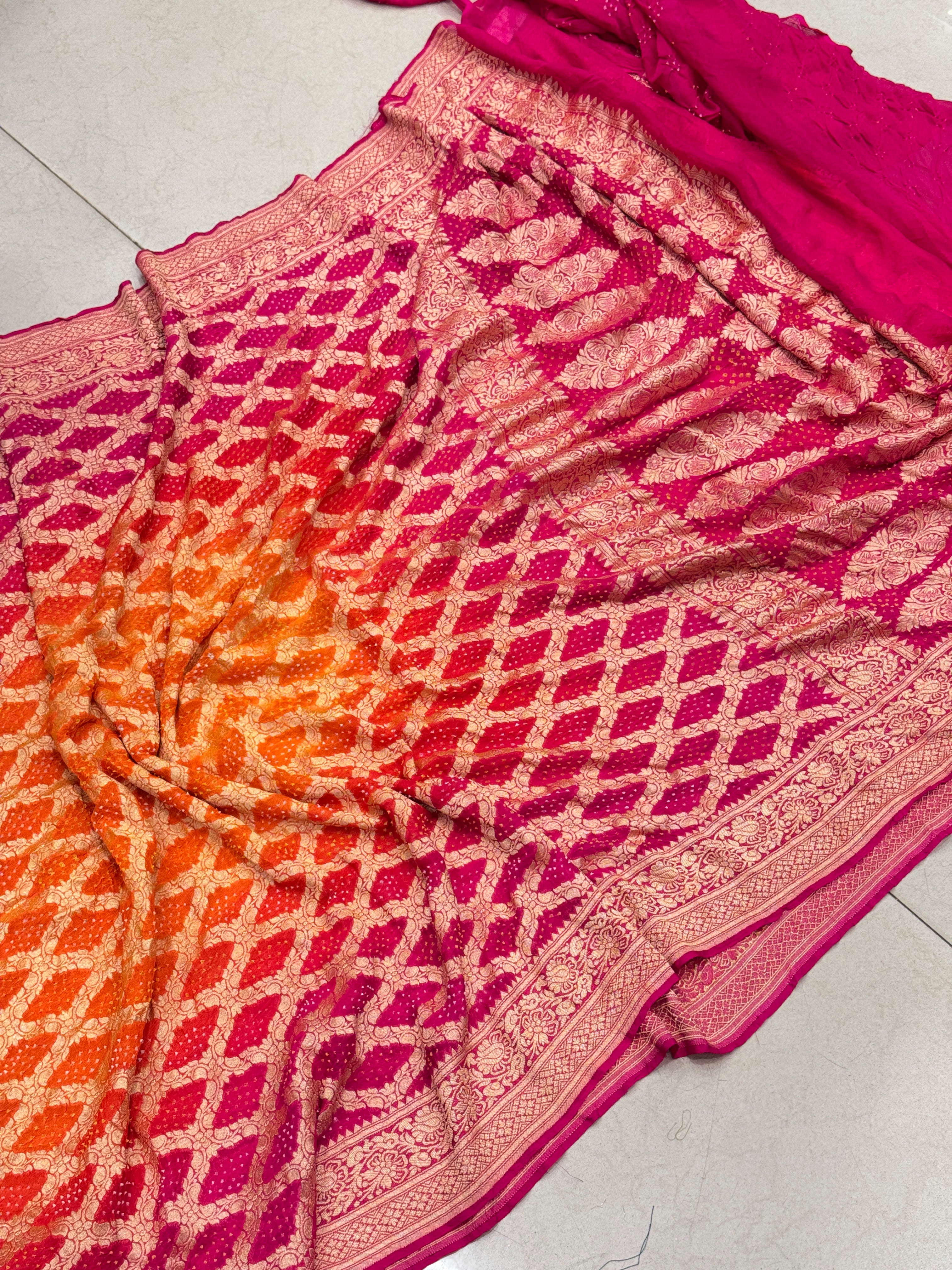 Shaded Orange Rani Bandhej Bandhini Saree