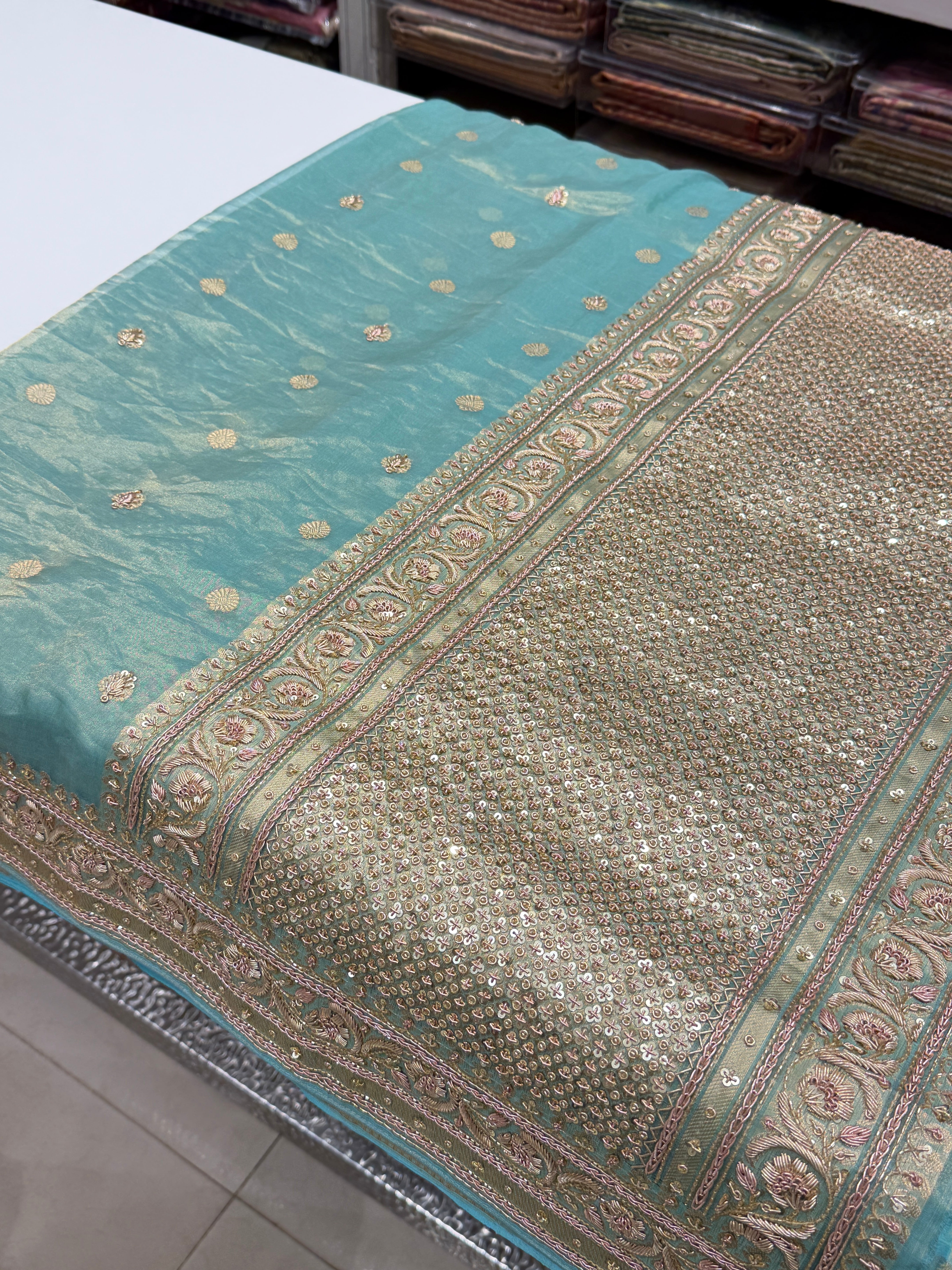 Sea Green Banarasi Tissue Handloom Kadwa Weave Zardosi Embroidery Saree