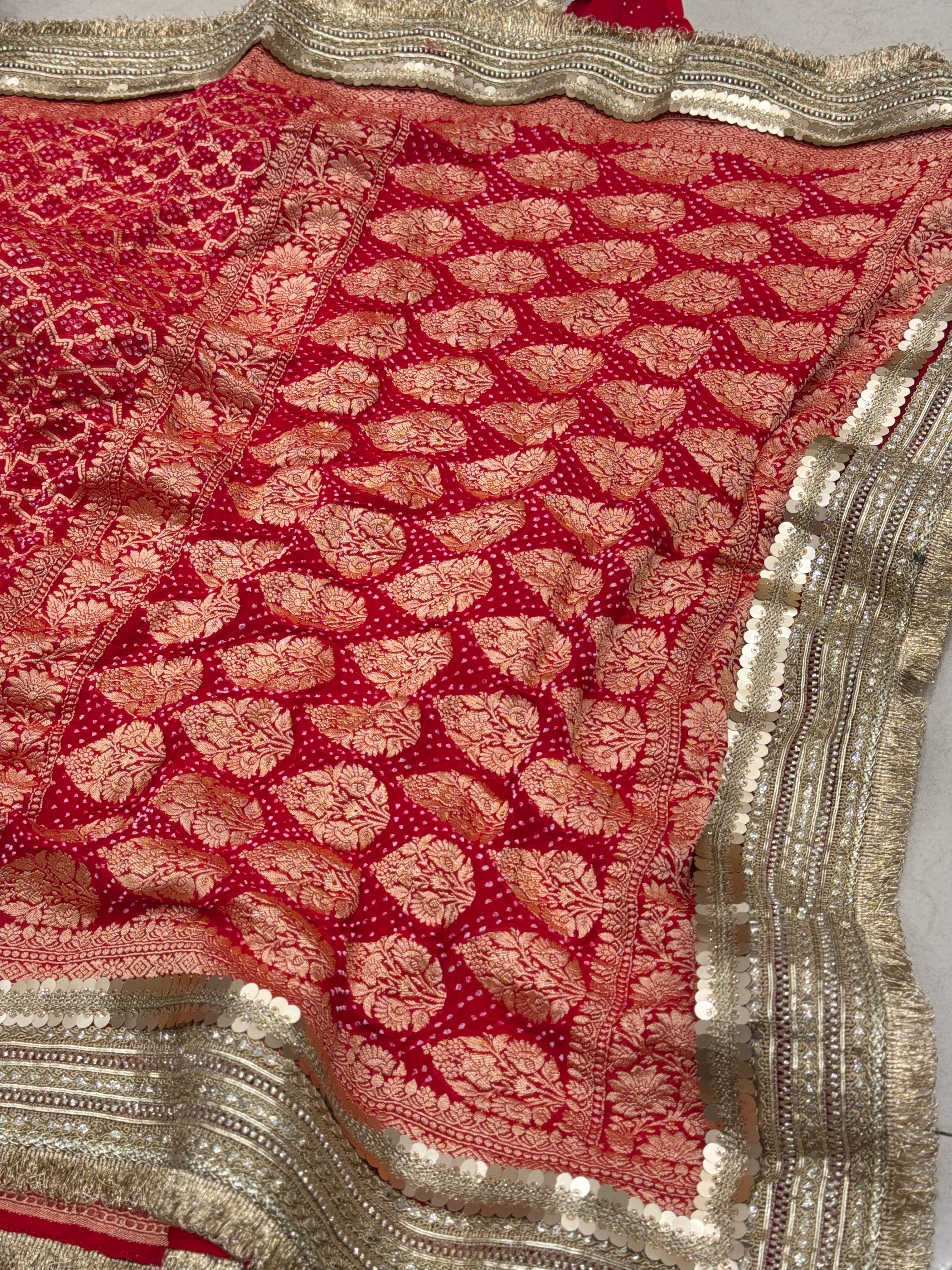 Red Bandhej Maharani Style Saree