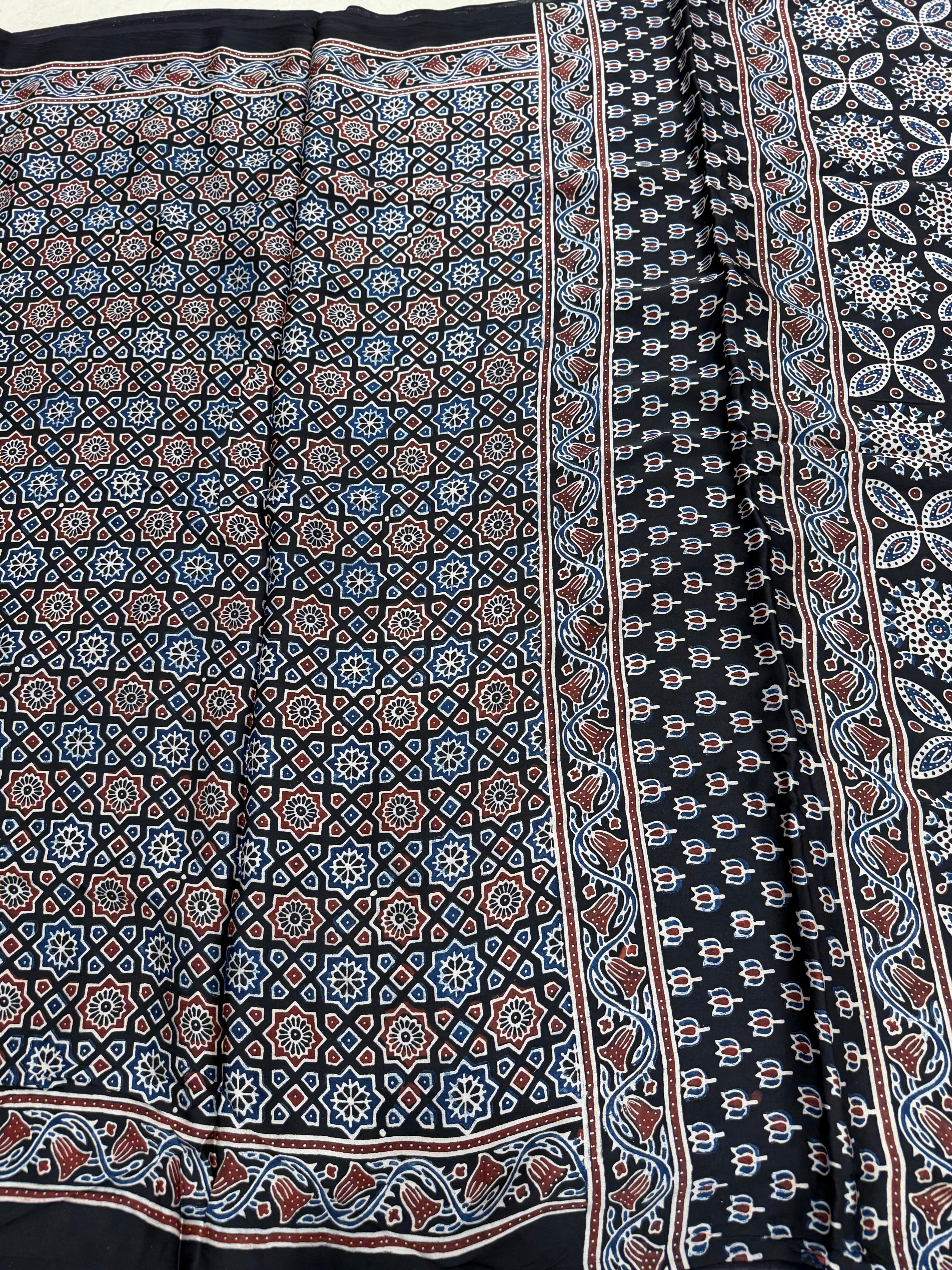 Black Jaal Ajrakh Hand Block Print Pure Gajji Silk Saree