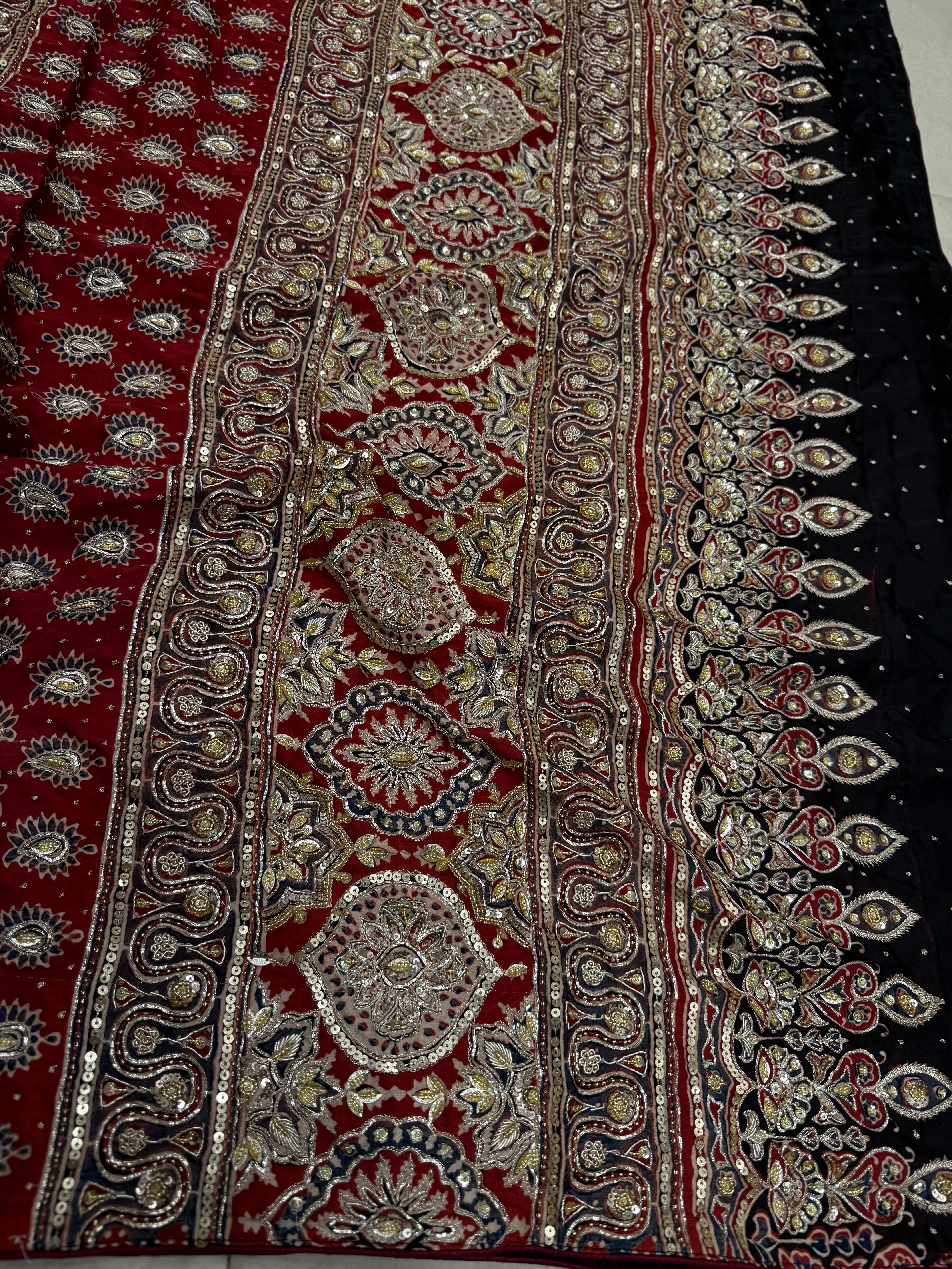 Red Buttis Pita Zardosi Sequin Ajrakh Hand Embroidery Saree