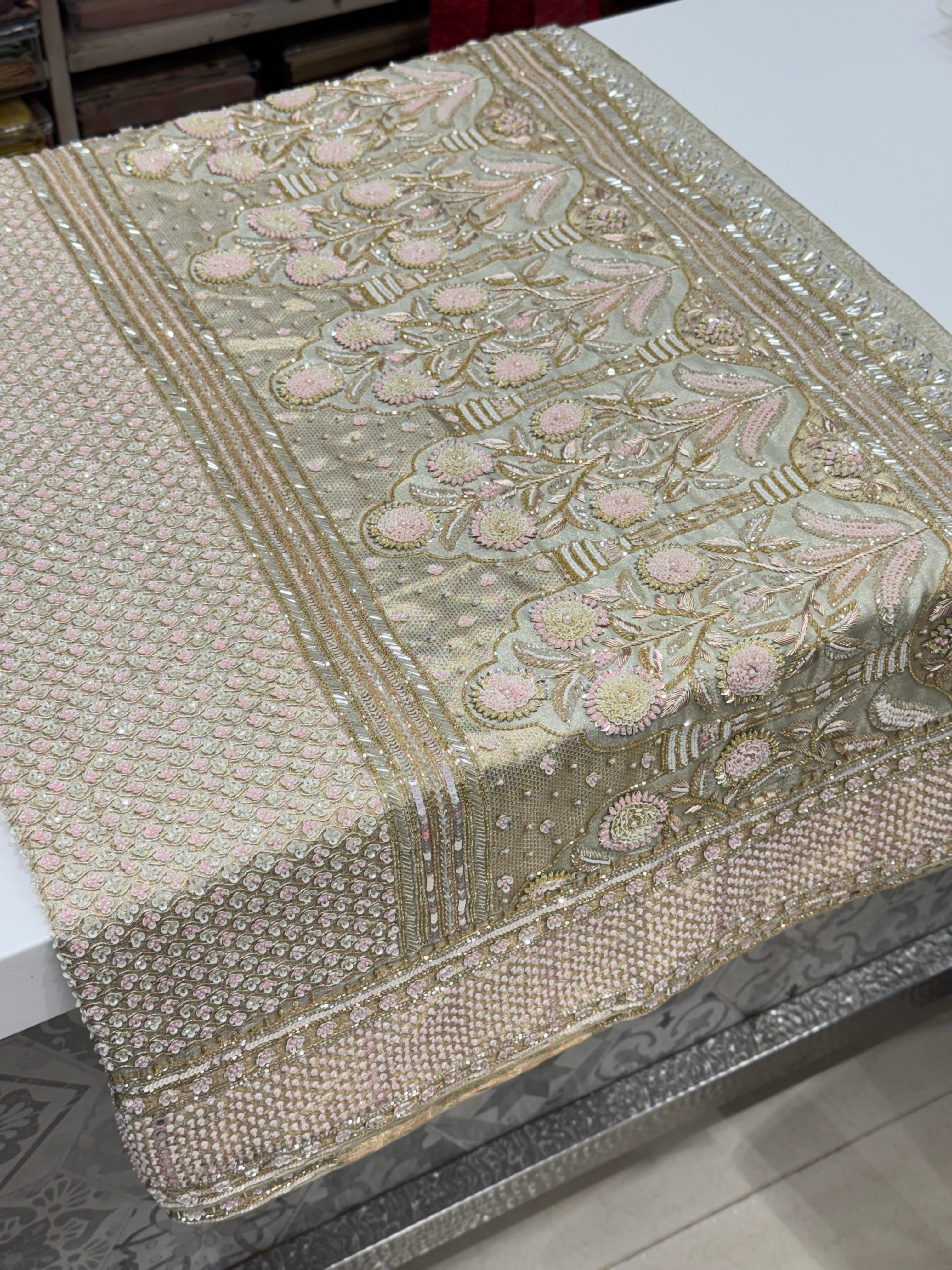 Sage Green Contemporary Tissue Jaal Kanjivaram Hand Embroidery Saree