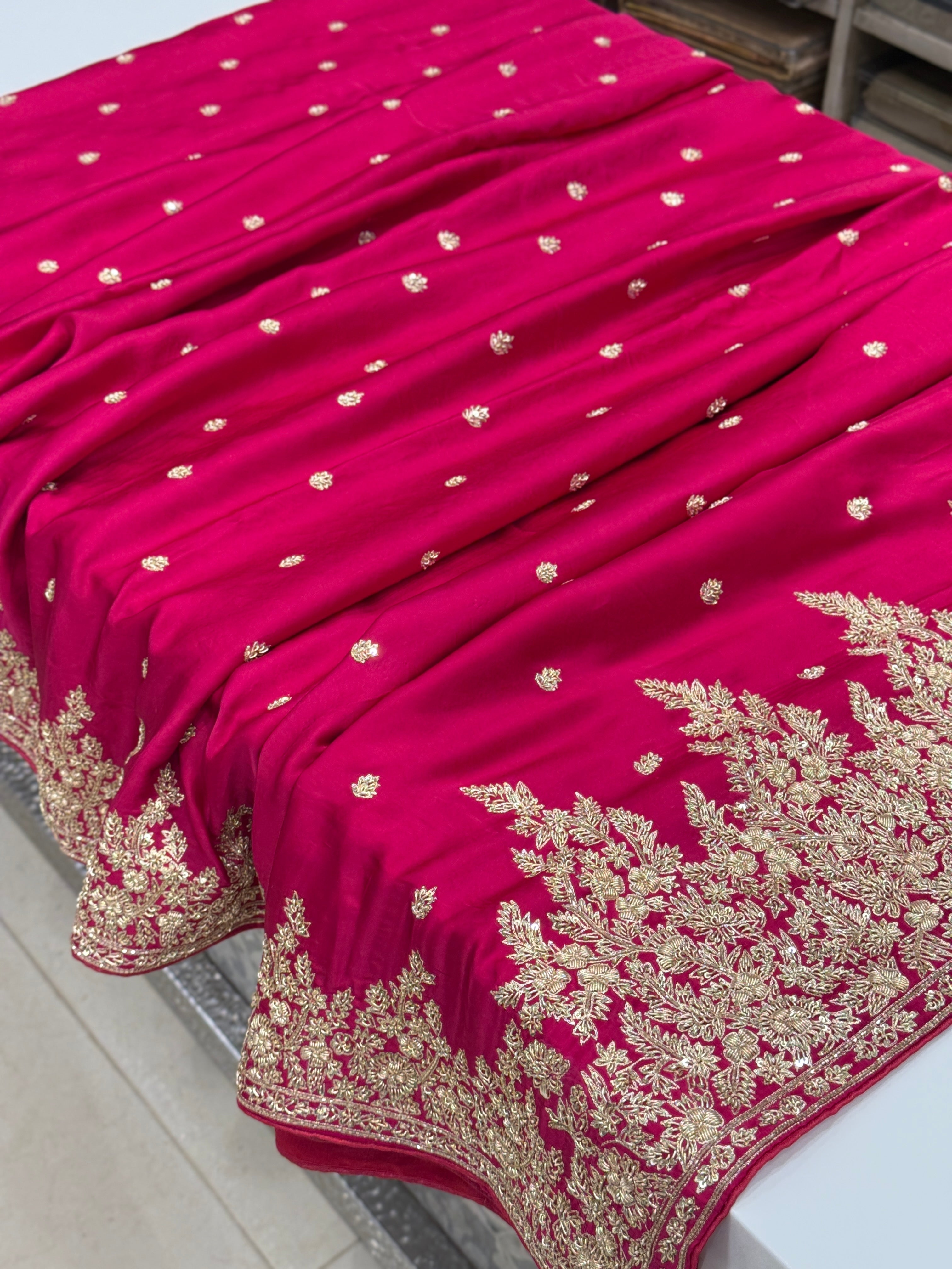 Rani Pink Small Buttis Satin Hand Embroidery Zardosi Saree