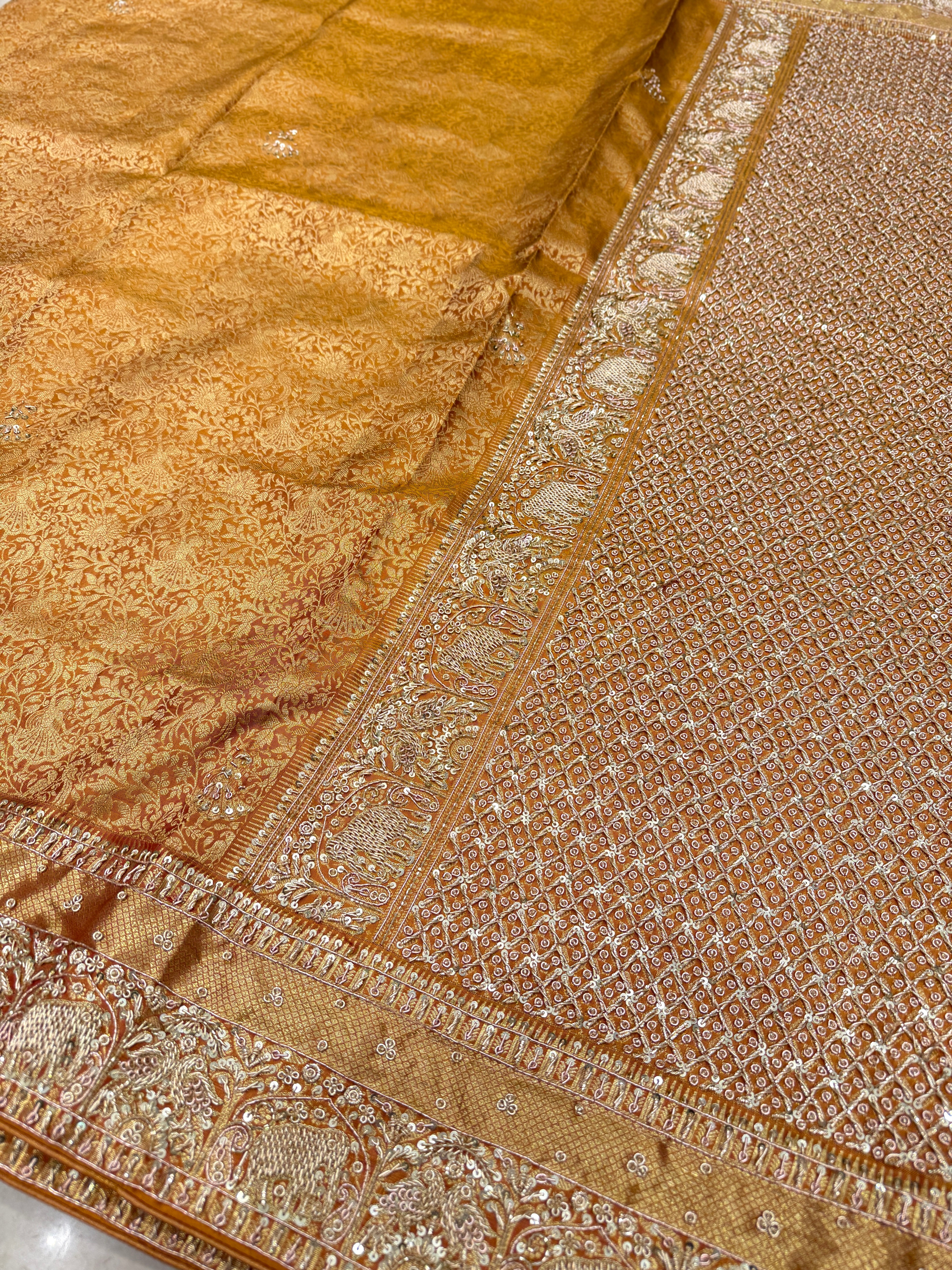 Mustard Yellow Kanjivaram Peacock Motif Hand Embroidery Zardosi Saree