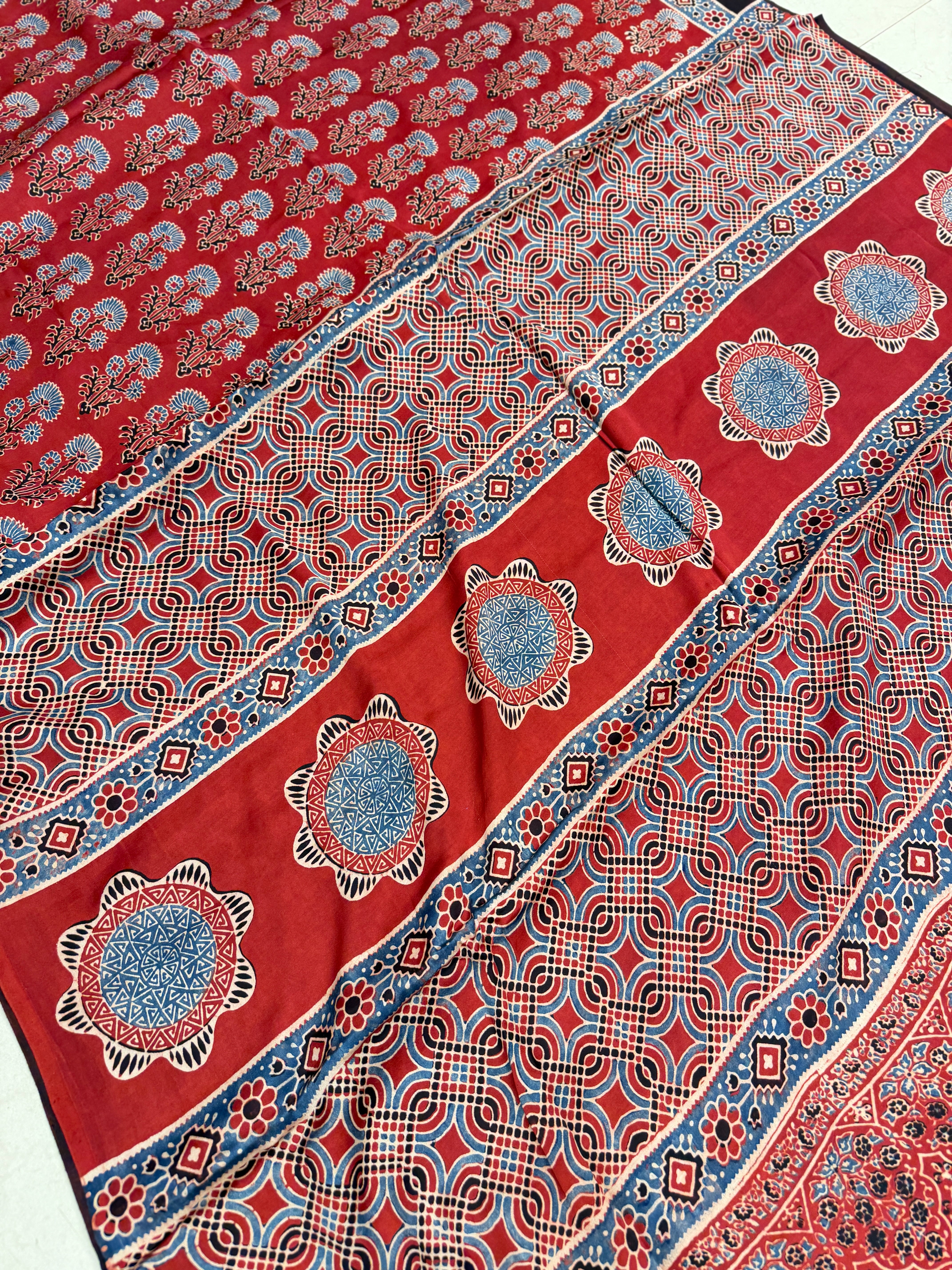 Red Buttas Ajrakh Hand Block Print Pure Gajji Silk Saree