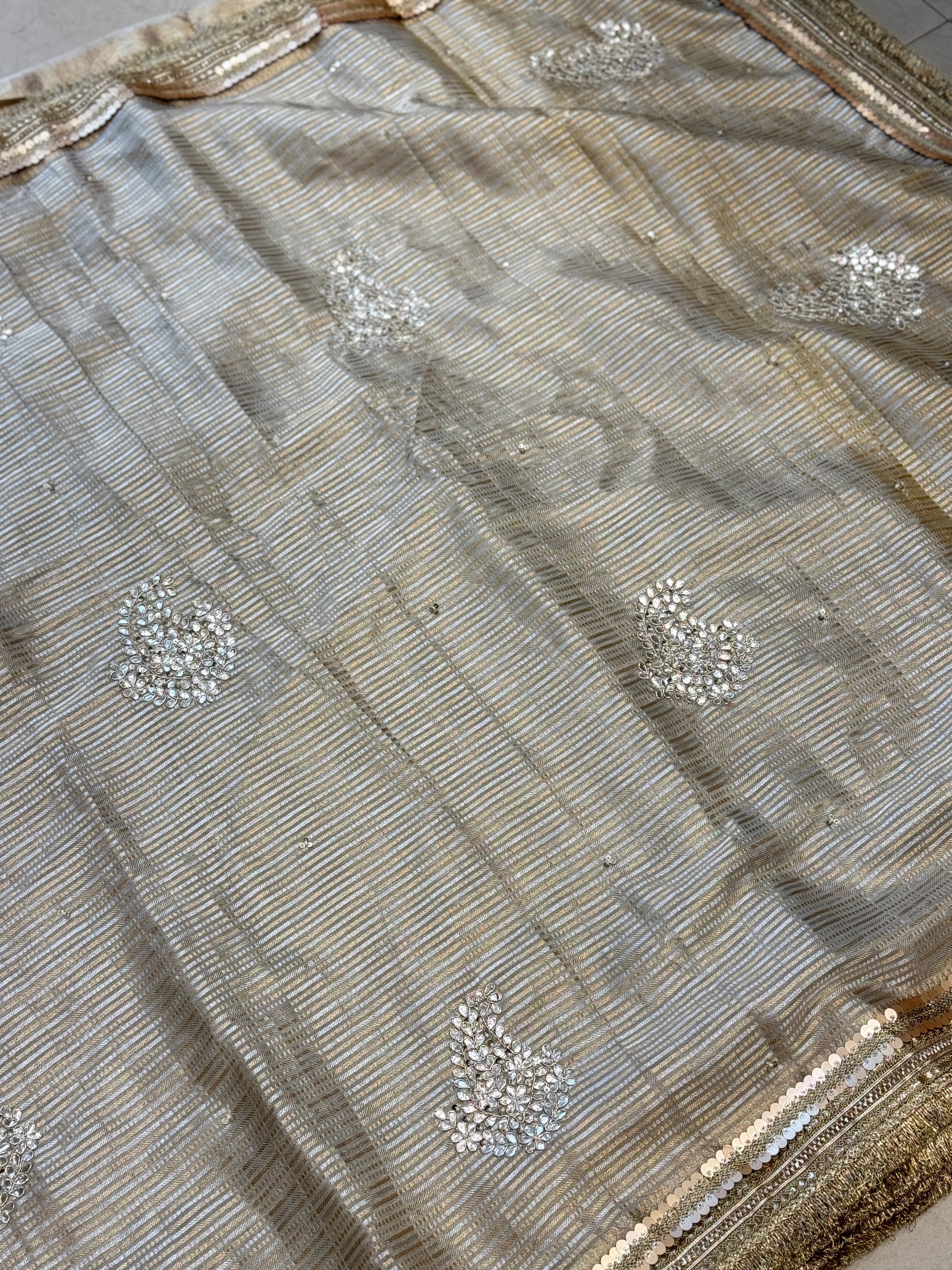Tissue Maharani Style Gota Zardosi Hand Embroidery Butta Saree