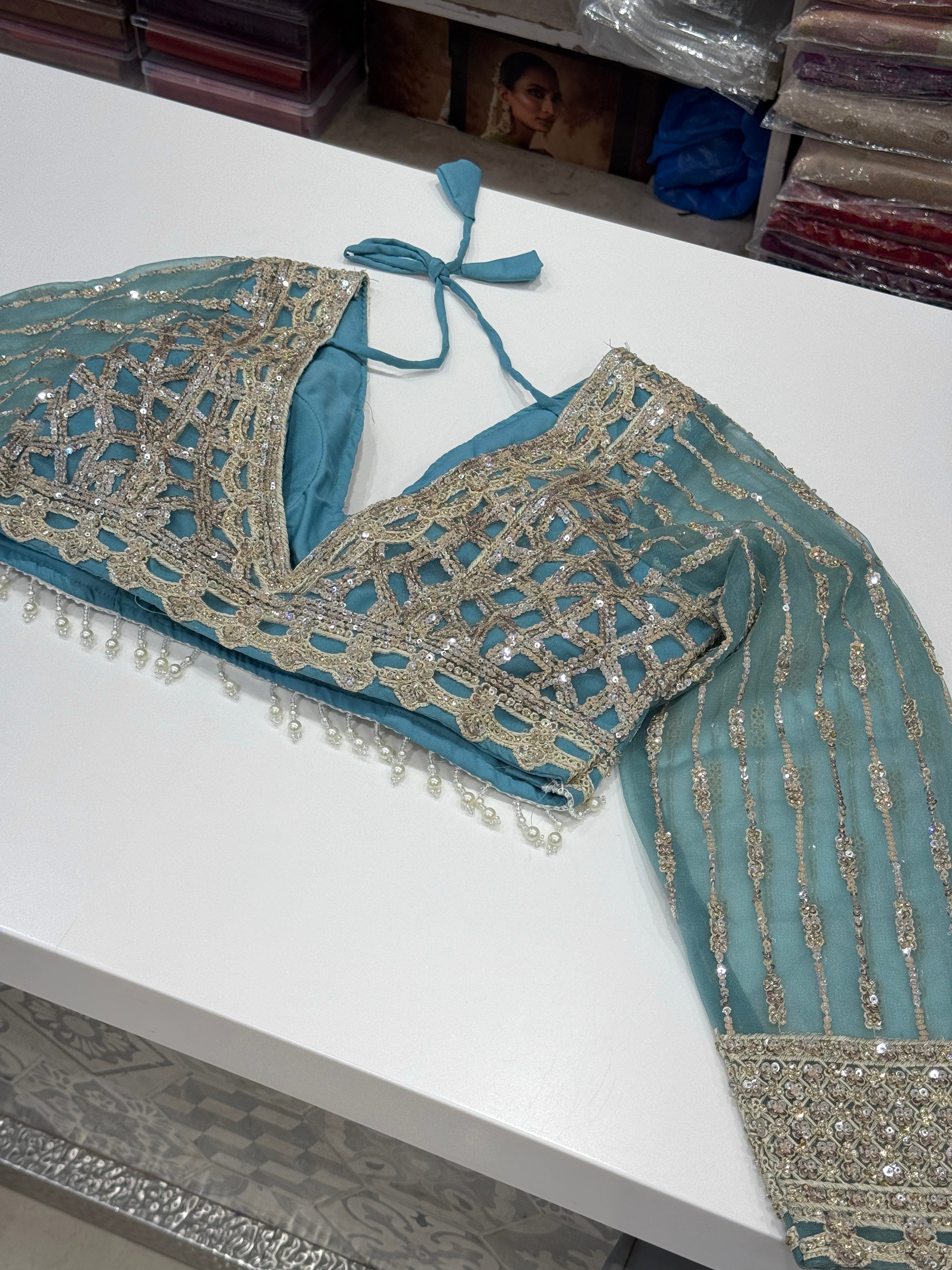 Sea Green Net Saree with Ready Blouse