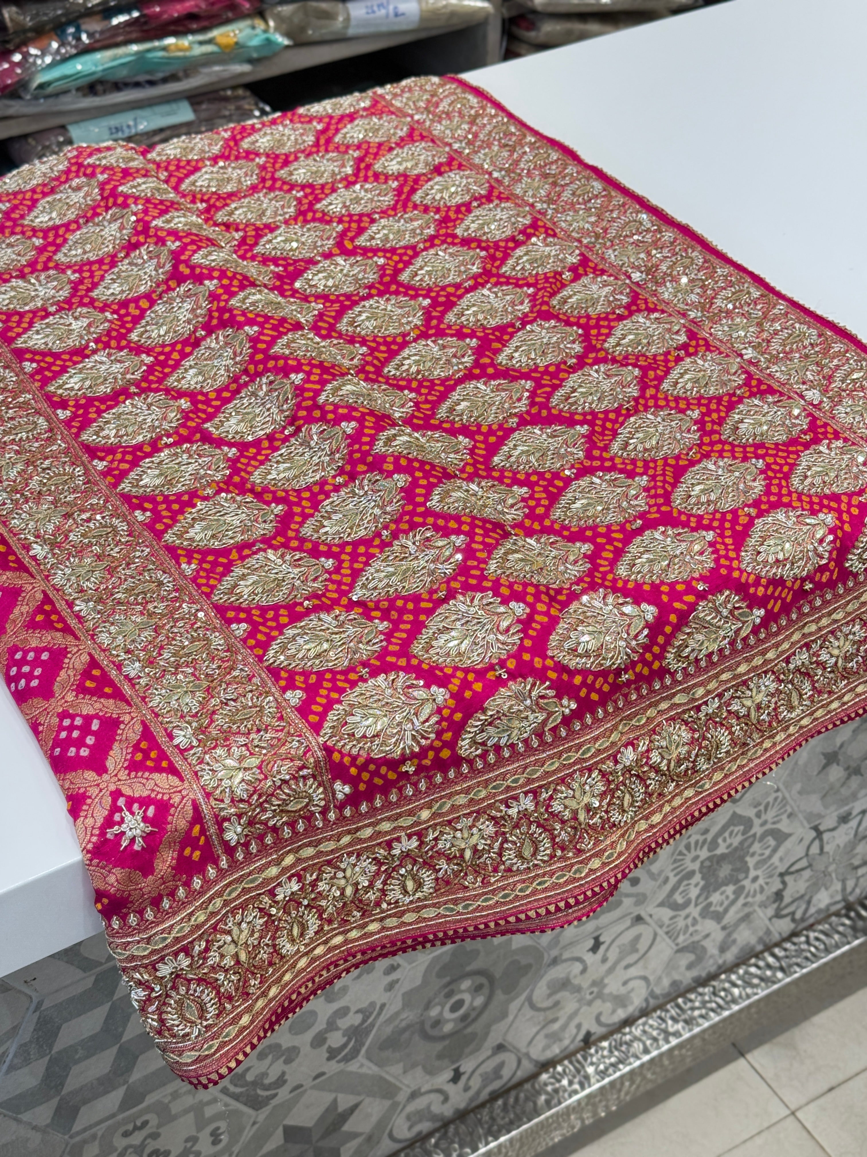 Rani Bandhej Zardosi Embroidery Saree