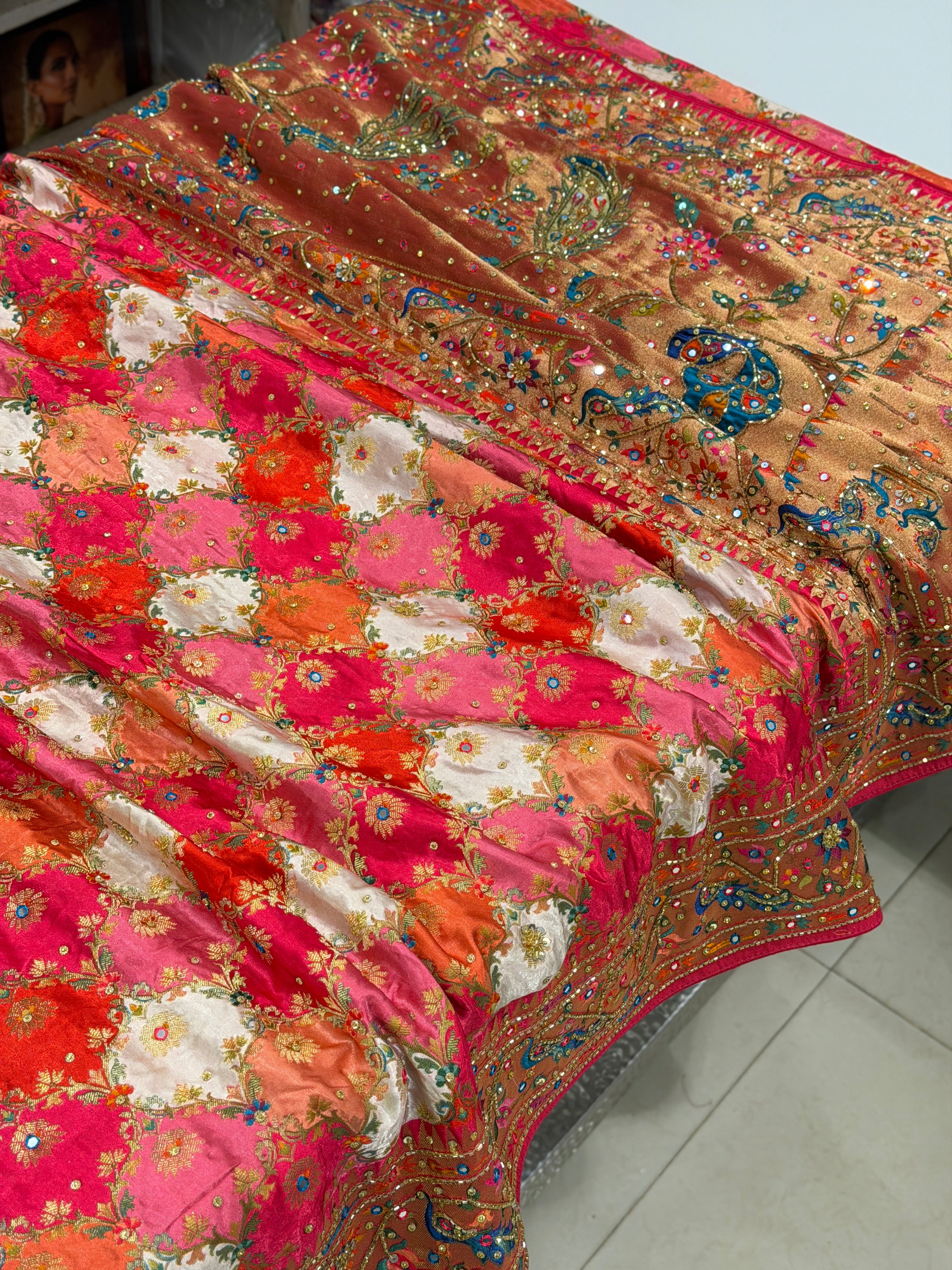 White Rani Banarasi Modal Rangkat Hand Embroidery Saree