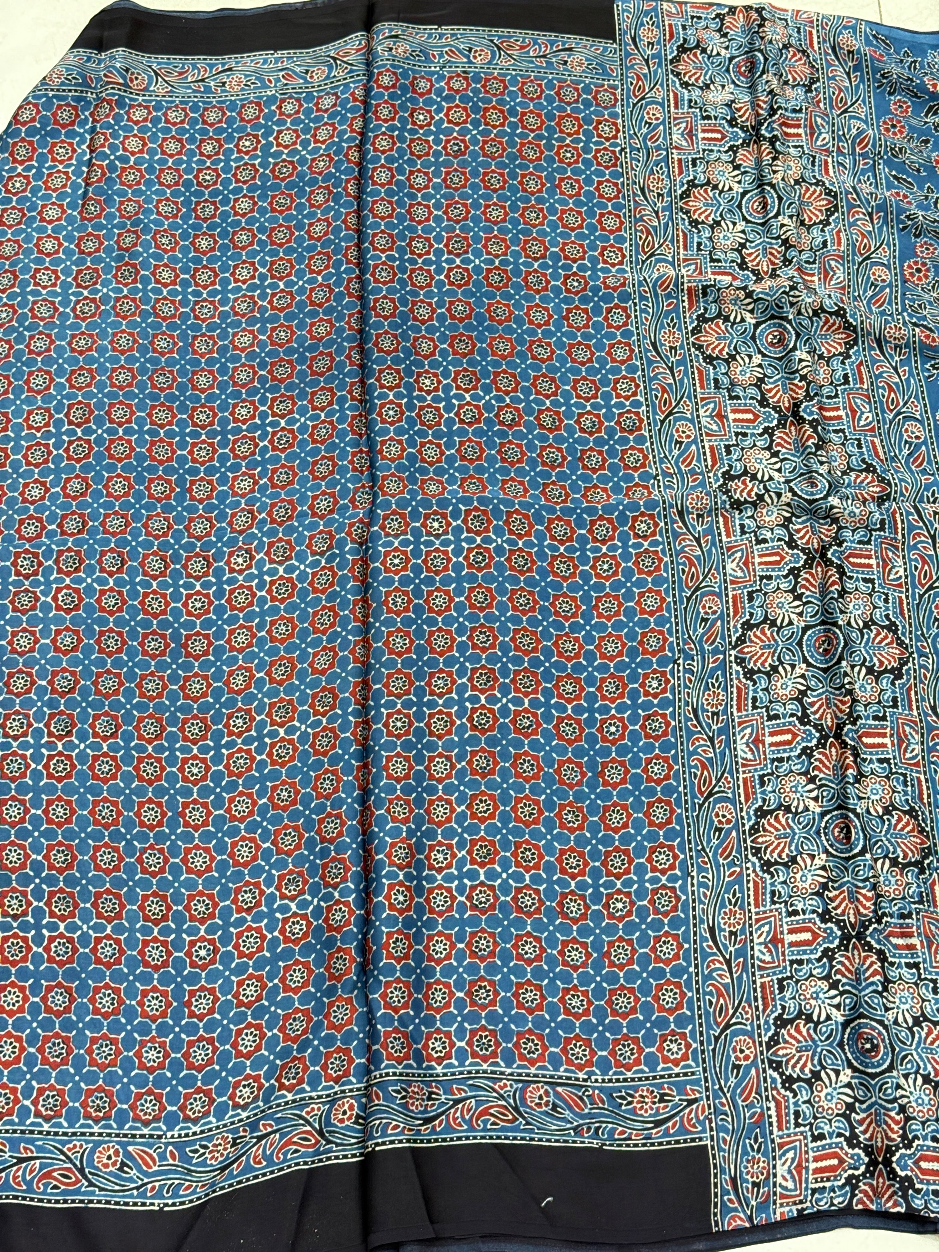 Blue Red Modal Gajji Silk Ajrakh Saree