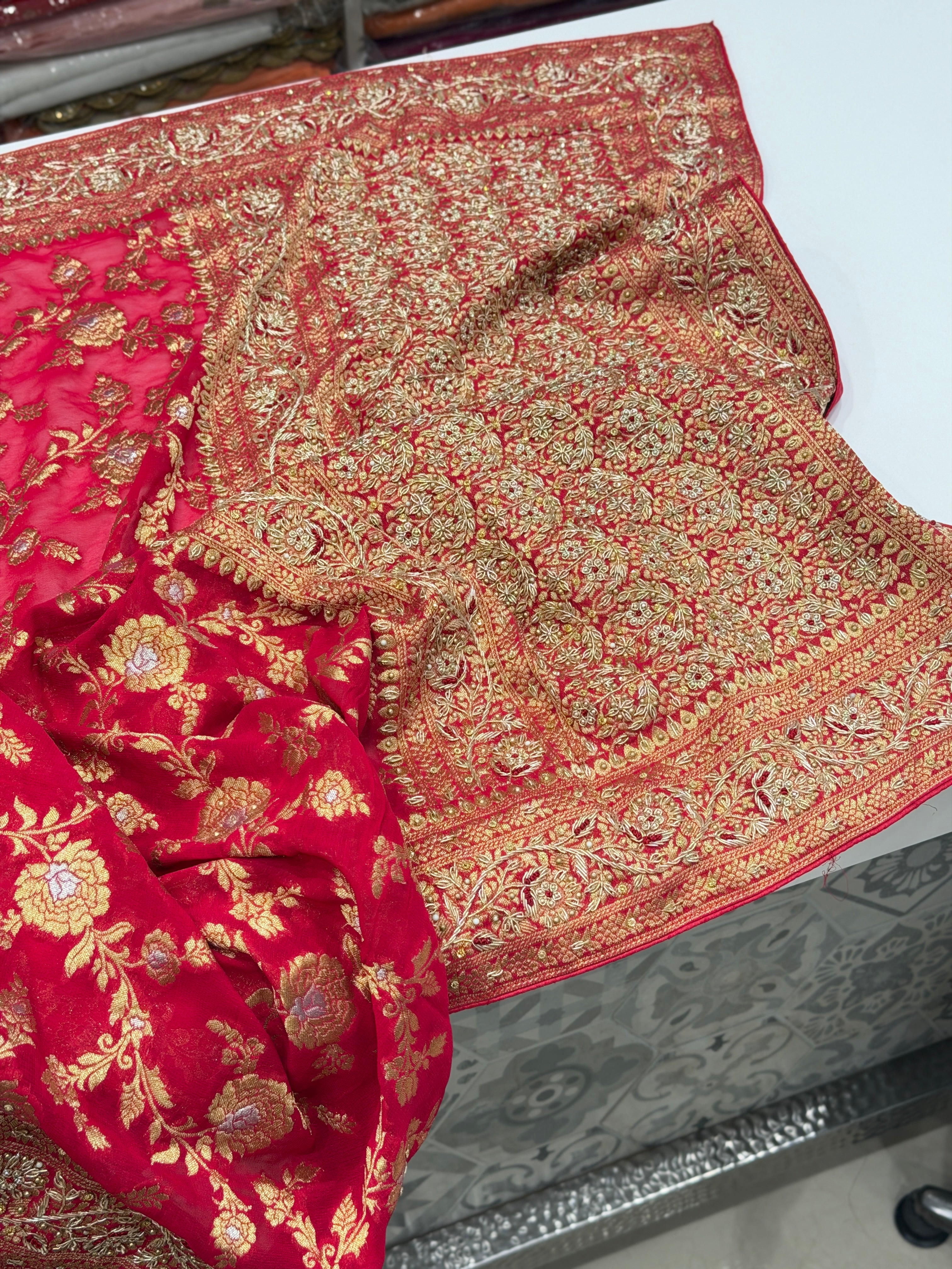 Rani Pink Banarasi Khaddi Georgette Zardosi Hand Embroidery Saree