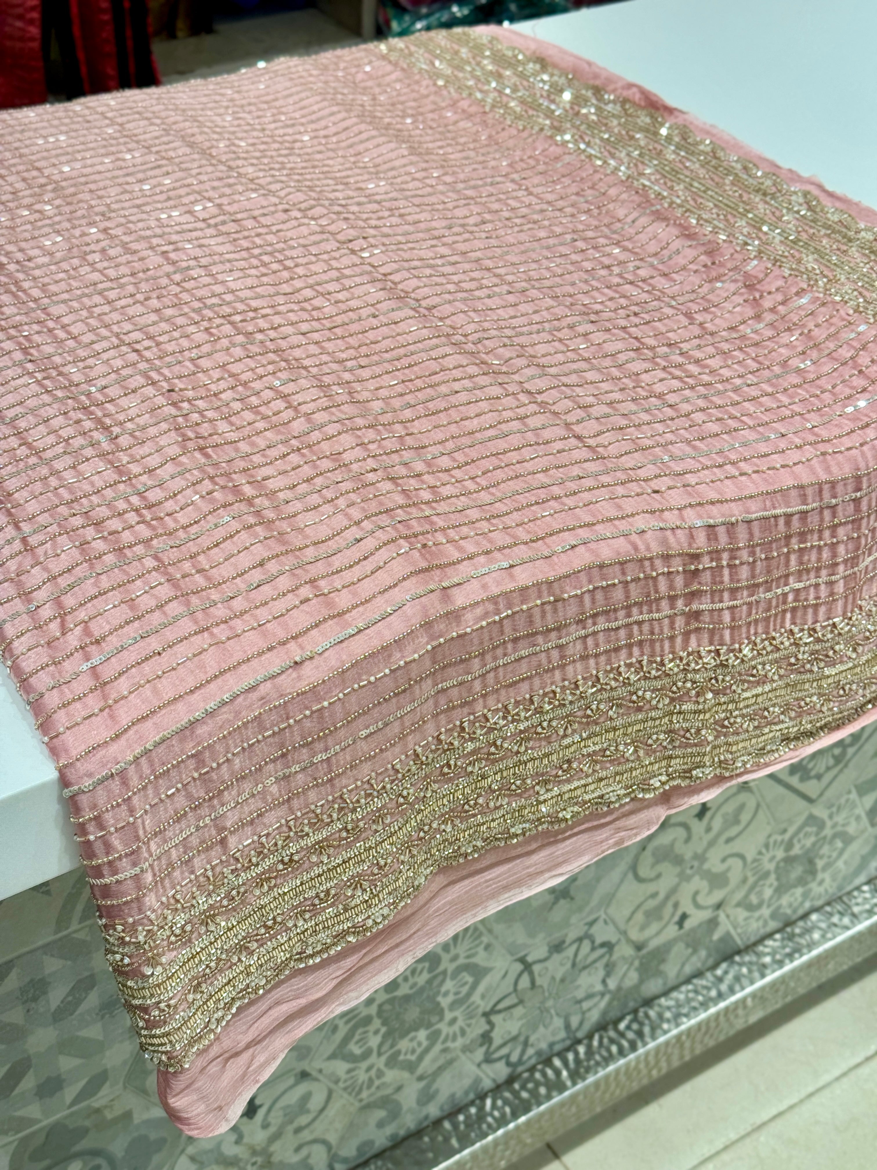 Light Pink Satin Moti Hand Embroidery Saree