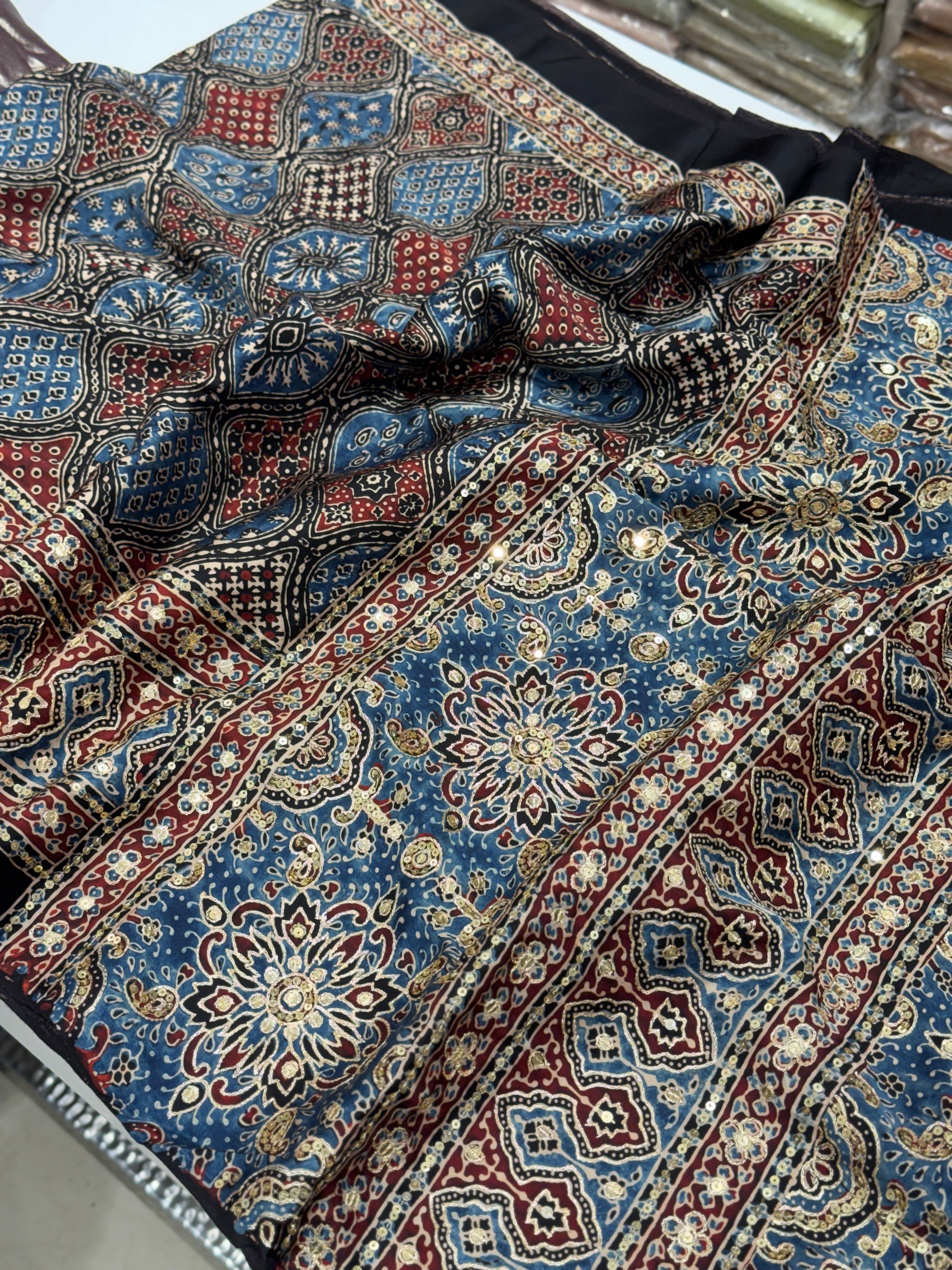 Blue Badam Abstract Jaal Pita Sequin Ajrakh Hand Embroidery Saree