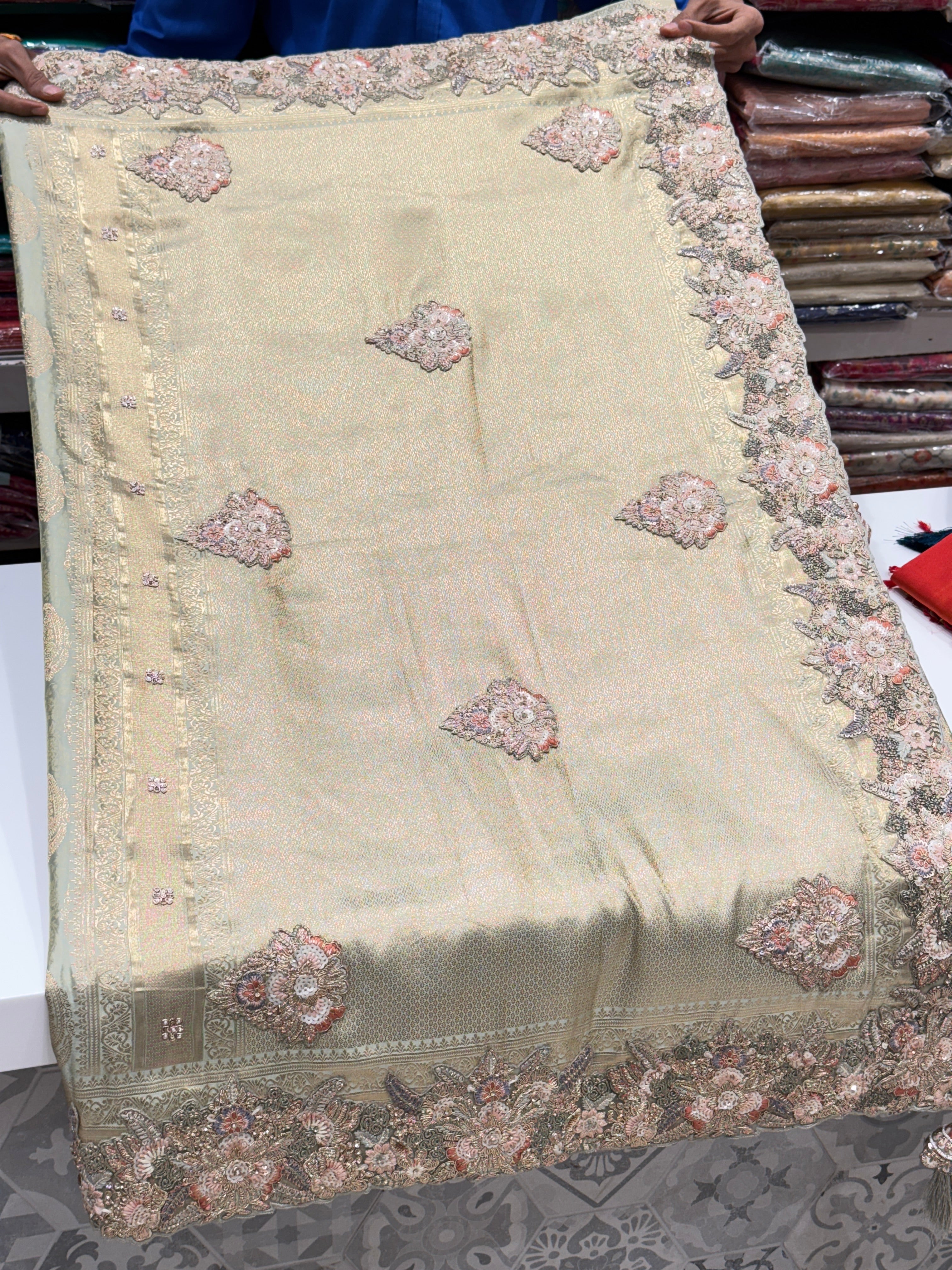 Pista Banarasi Resham Zari Embroidery Saree