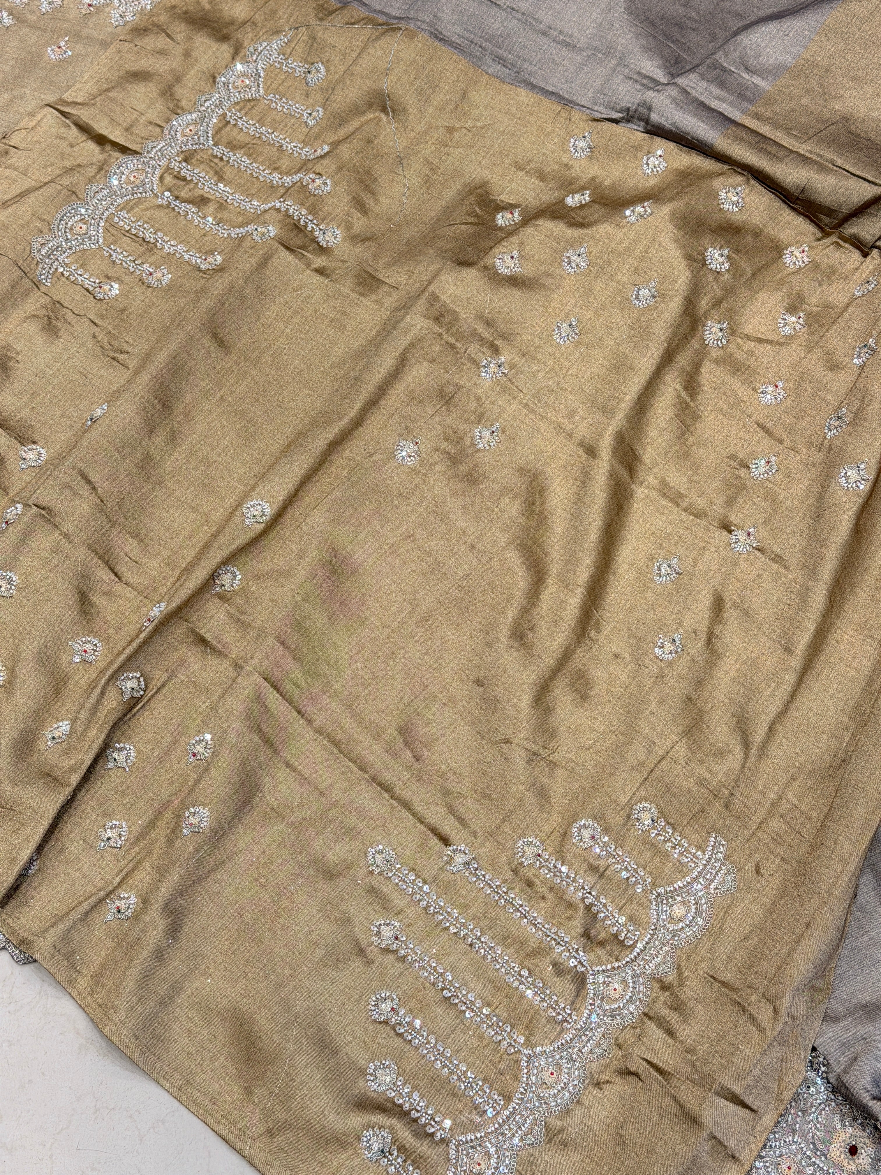 Light Golden Silver Soft Tissue Moti Crystal Embroidery Saree