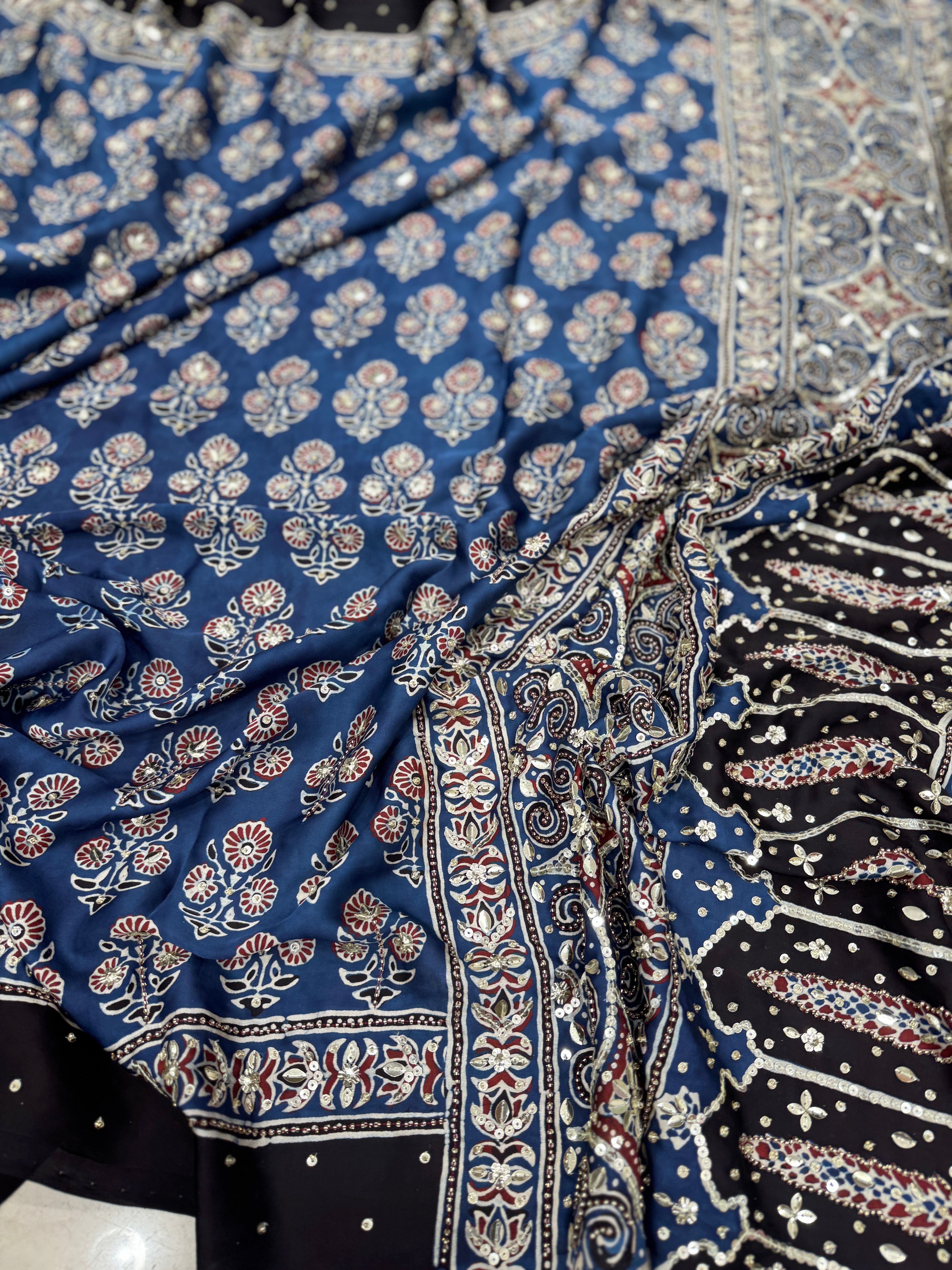 Blue Teen Buttis Ajrakh Hand Embroidery Saree