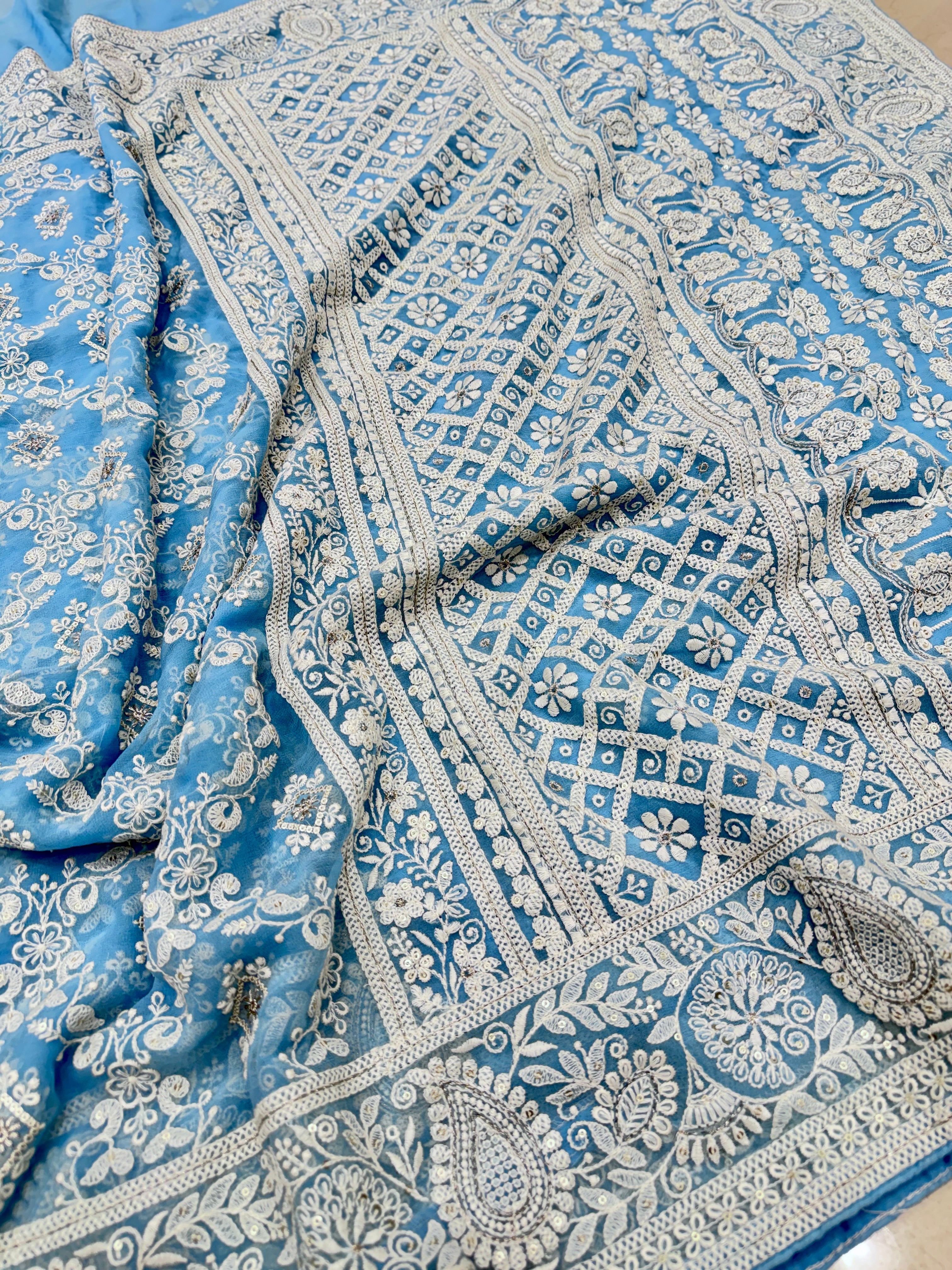 Light Blue Chikankari Georgette Cross Jaal Saree