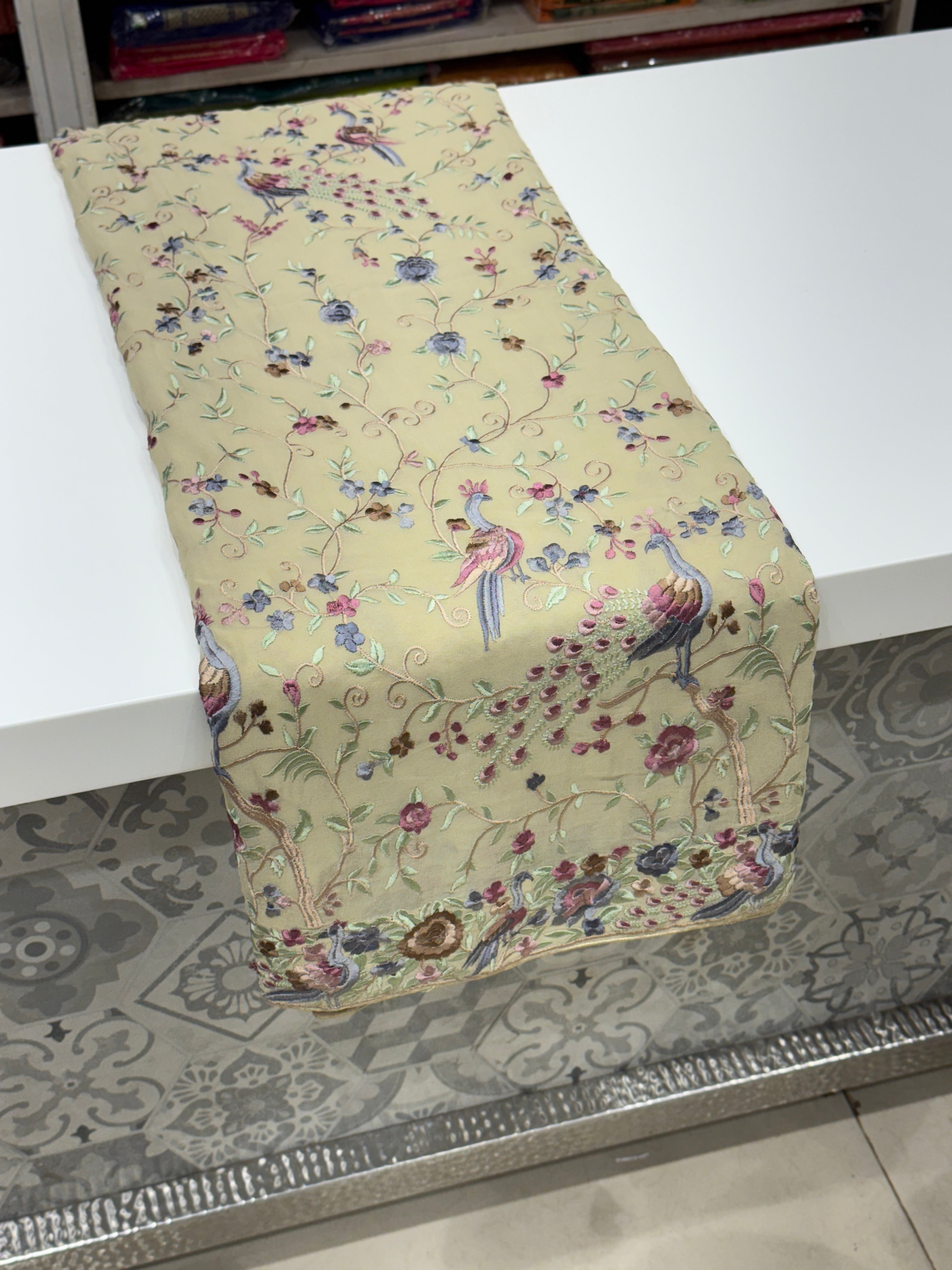 Beige Georgette Parsi Gara Peacock Design Saree